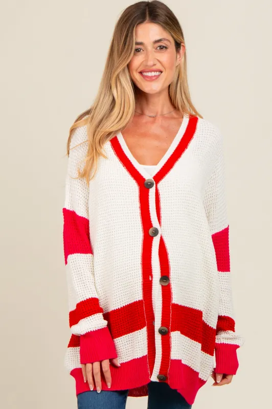Red Colorblock Button Down Maternity Cardigan sold by Pinkblush
