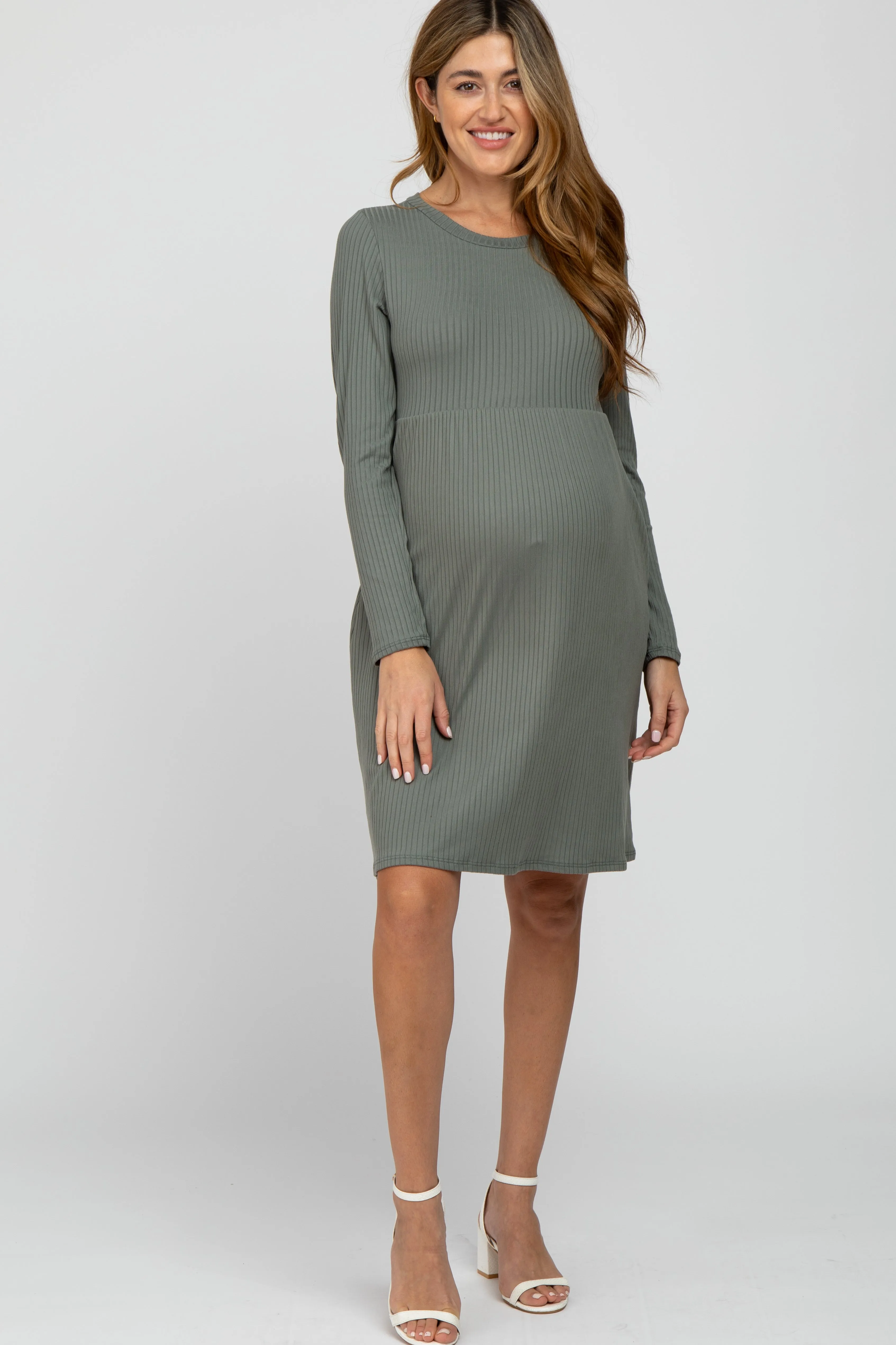 Grey Ribbed Knit Long Sleeve Maternity Dress sold by Pinkblush