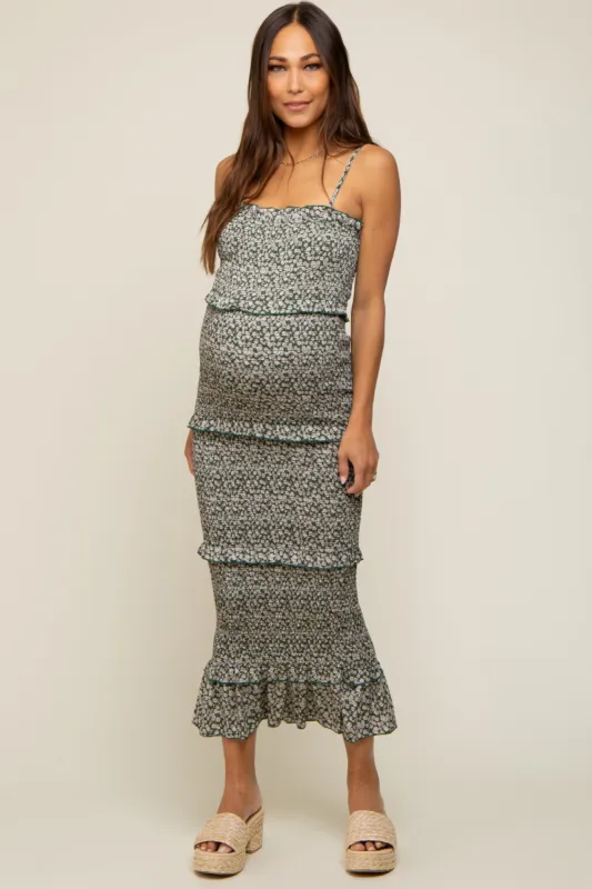 Forest Green Floral Smocked Ruffle Tier Maternity Midi Dress sold by Pinkblush