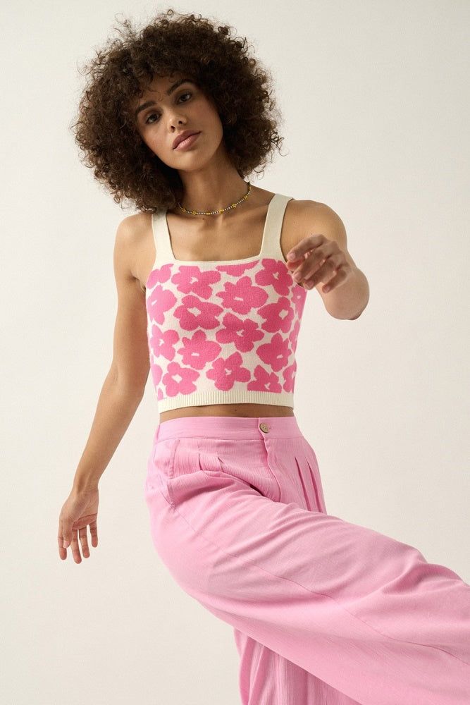 Pink Floral Knit Square Neck Sweater Crop Tank Top sold by Pinkblush product image thumbnail 2
