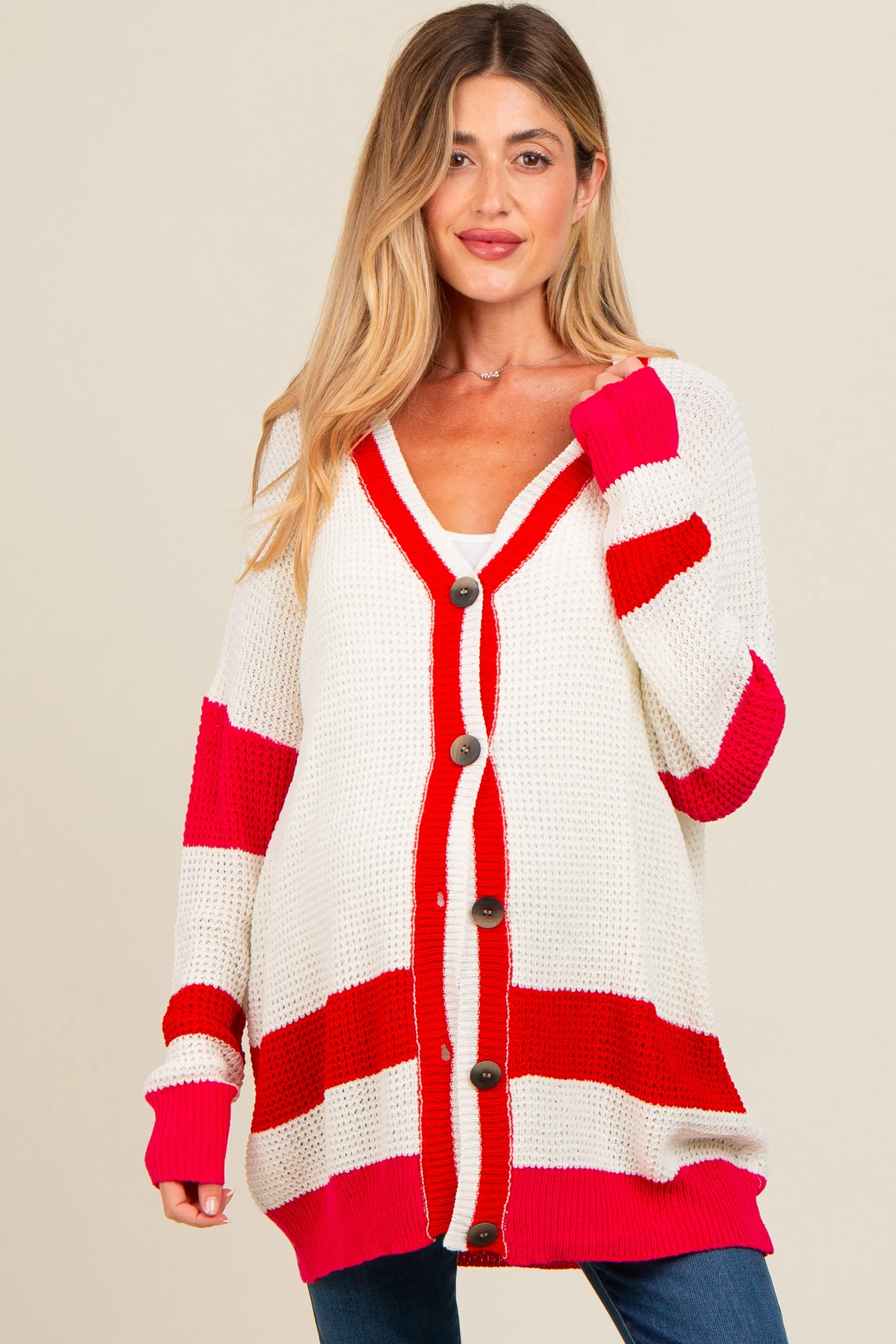 Red Colorblock Button Down Maternity Cardigan sold by Pinkblush product image thumbnail 2