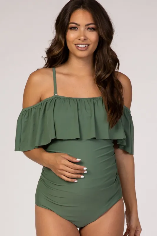 PinkBlush Olive Ruffle Trim Ruched One-Piece Maternity Swimsuit sold by Pinkblush