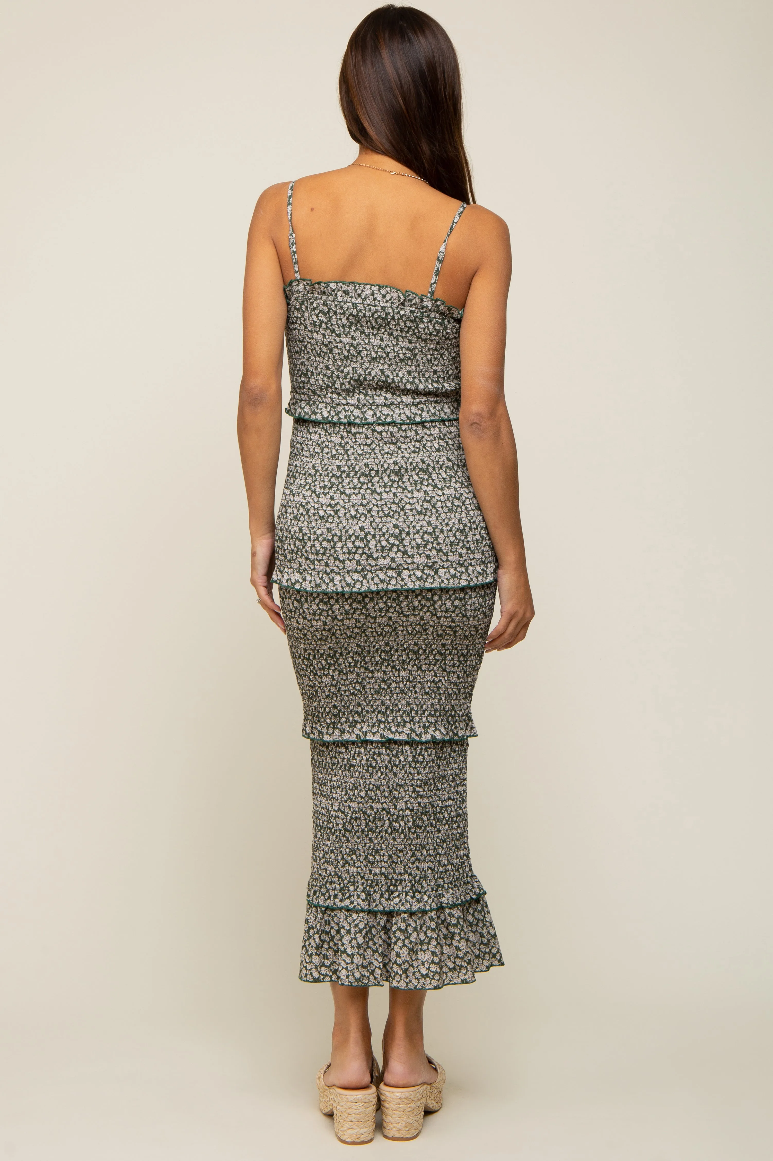 Forest Green Floral Smocked Ruffle Tier Maternity Midi Dress sold by Pinkblush product image thumbnail 5