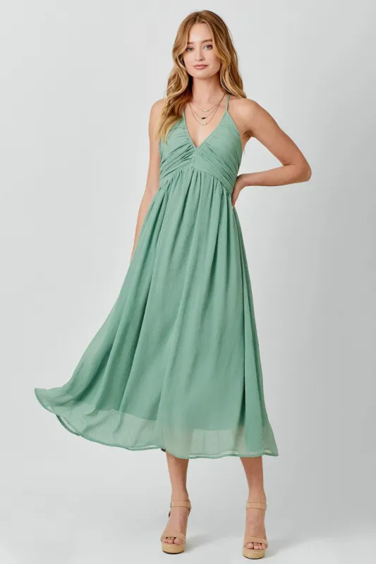 Sage Ruched V-Neck Midi Dress sold by Pinkblush