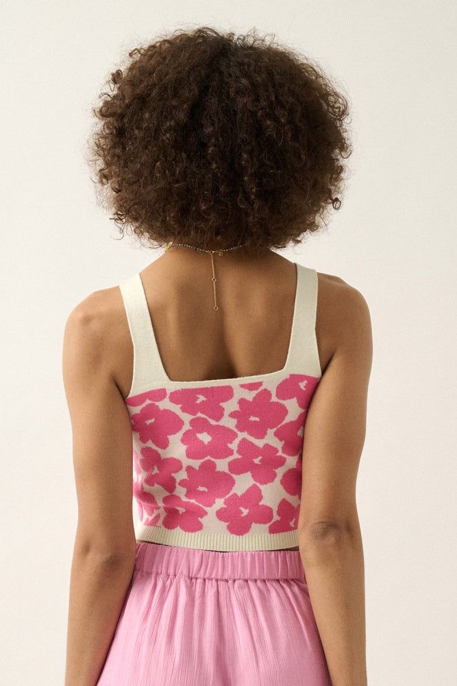 Pink Floral Knit Square Neck Sweater Crop Tank Top sold by Pinkblush product image thumbnail 3