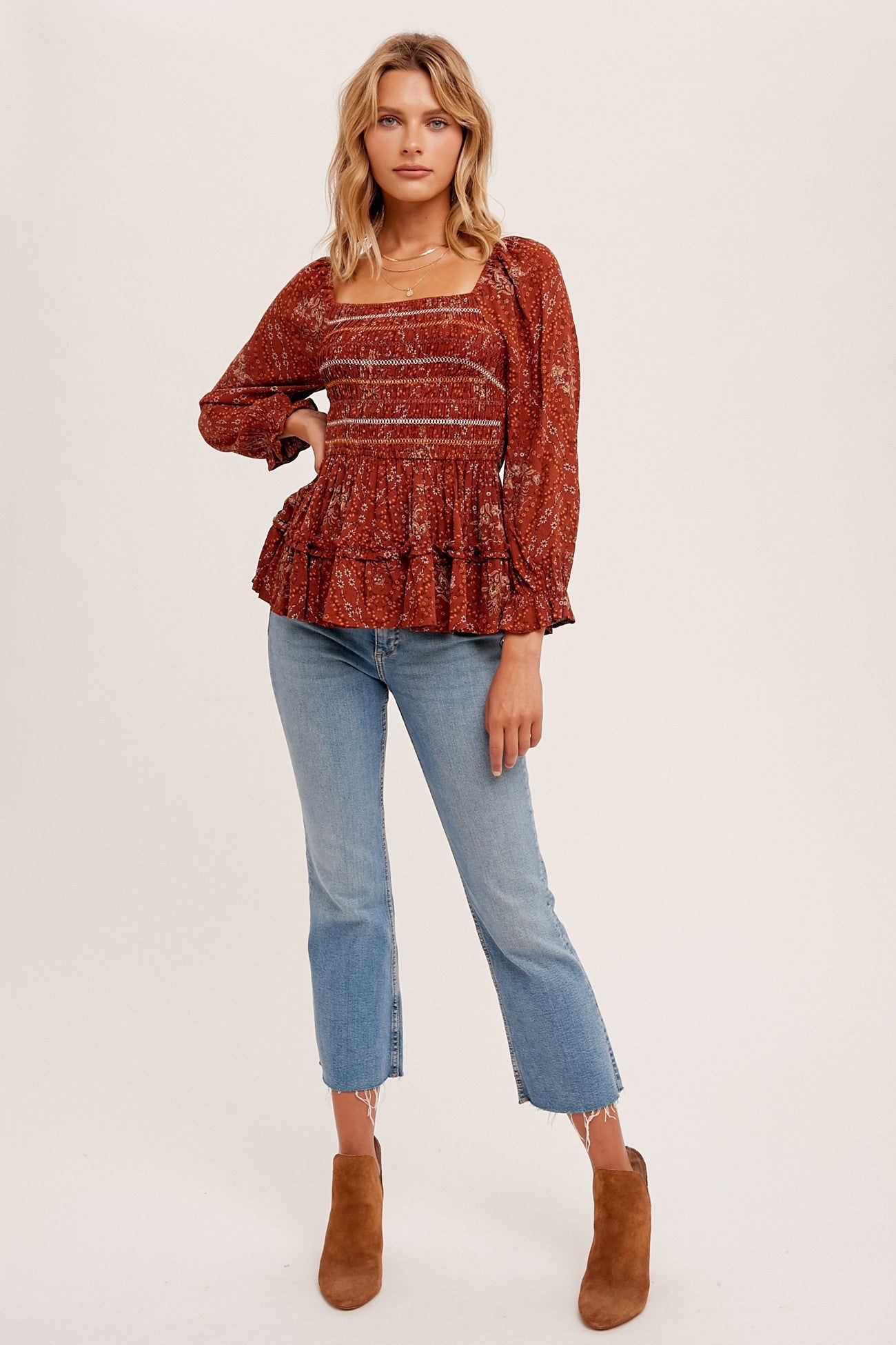 Rust Floral Print Smocked Peplum Square Neck Top sold by Pinkblush product image thumbnail 4