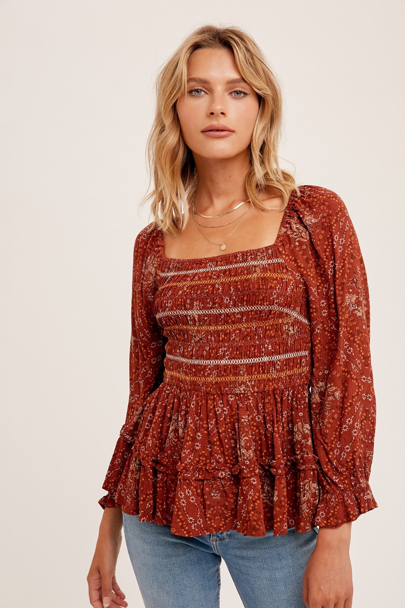 Rust Floral Print Smocked Peplum Square Neck Top sold by Pinkblush