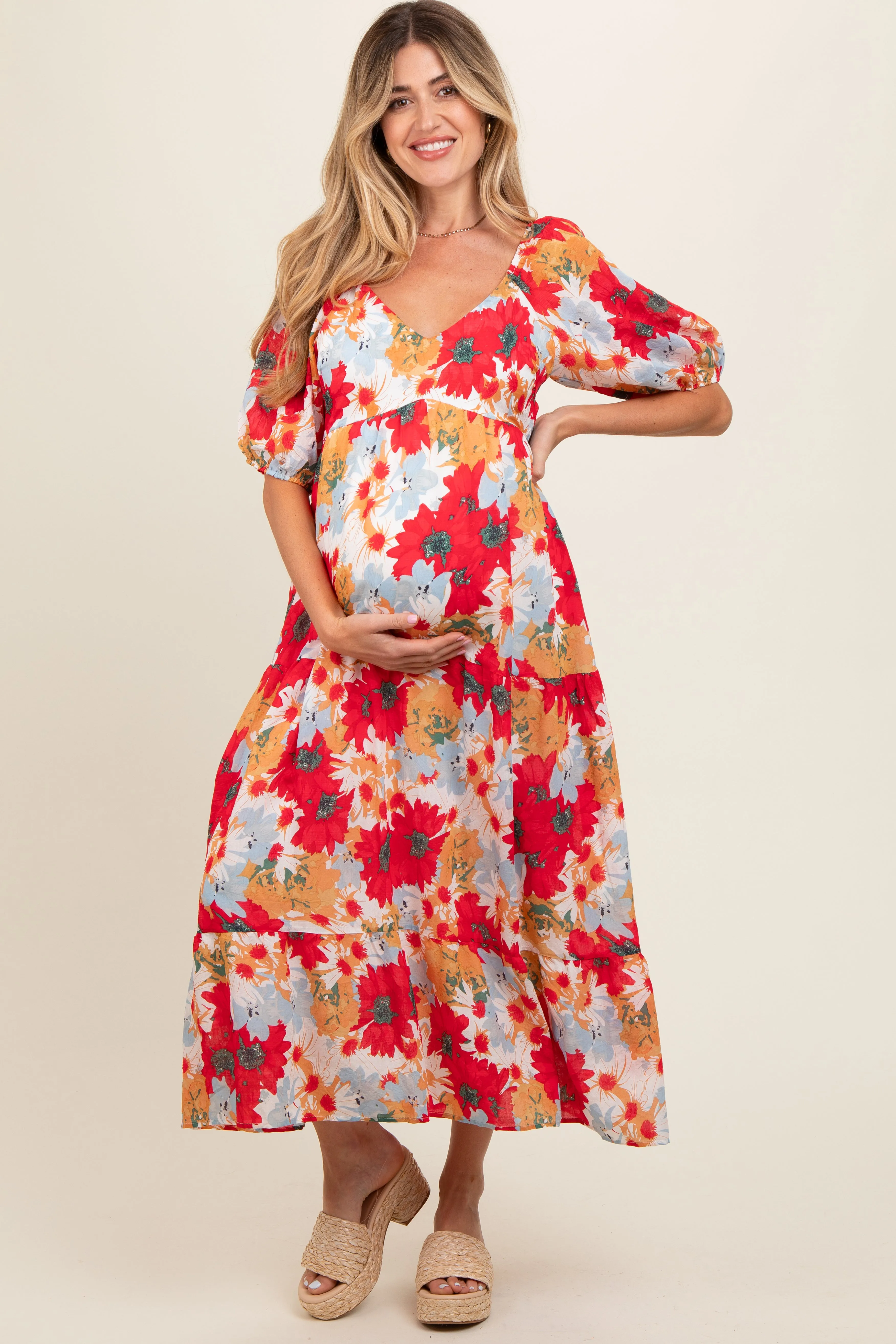 Red Floral V-Neck Short Puff Sleeve Tiered Maternity Midi Dress sold by Pinkblush product image thumbnail 2