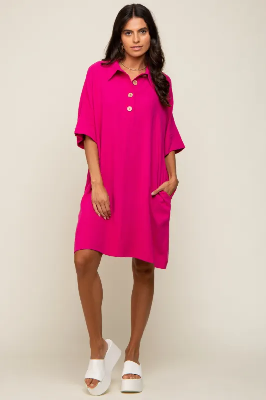 Fuchsia Linen Front Button Collared Dress sold by Pinkblush