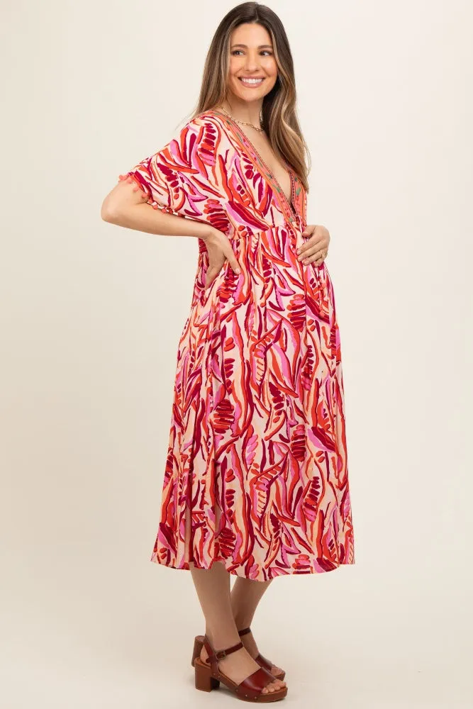 Orange Embroidered V-Neck Short Pom Sleeve Maternity Midi Dress sold by Pinkblush product image thumbnail 3