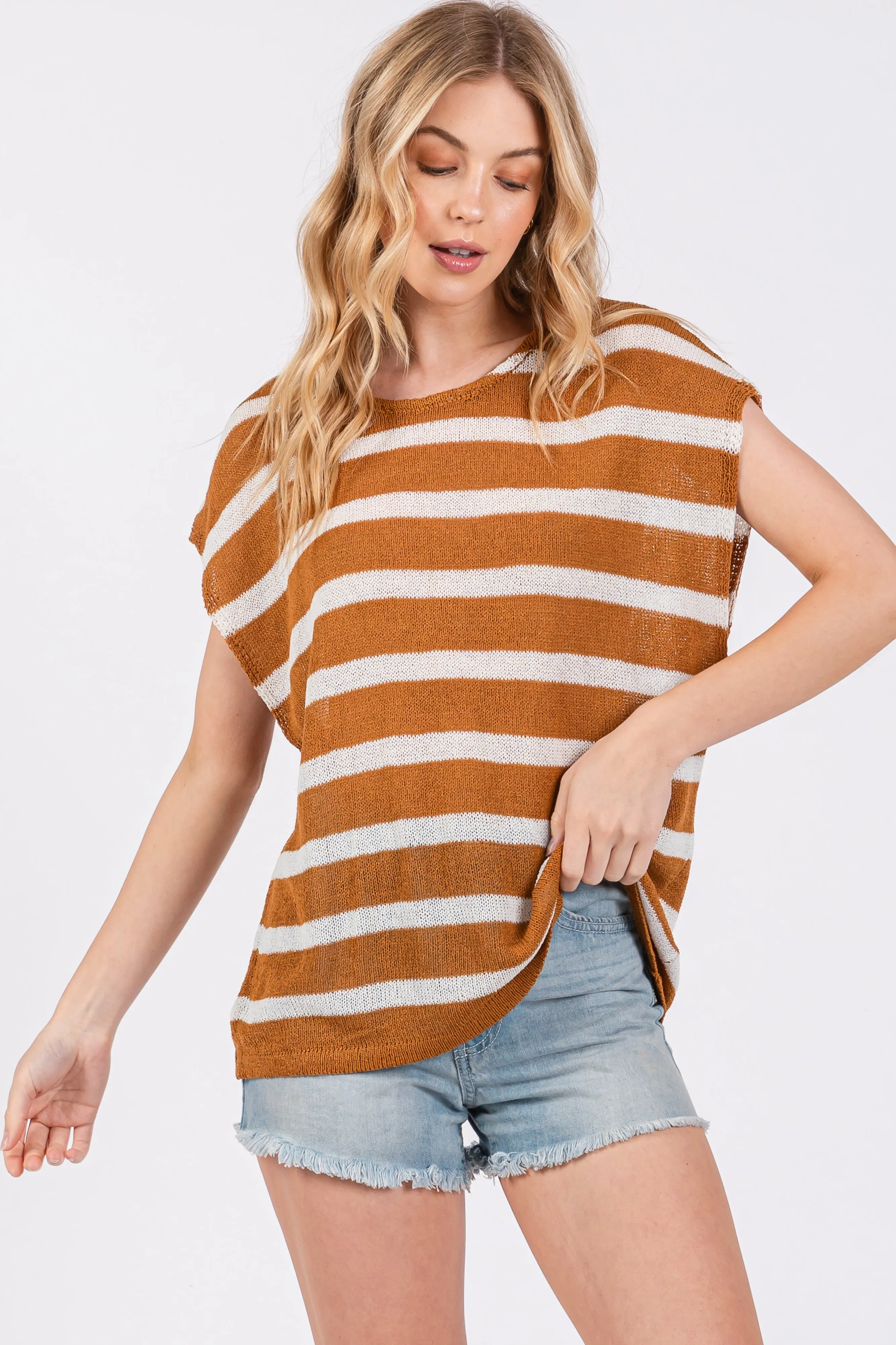 Camel Striped Dolman Short Sleeve Top sold by Pinkblush