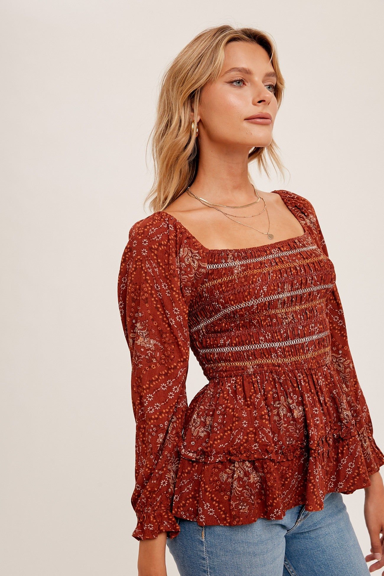 Rust Floral Print Smocked Peplum Square Neck Top sold by Pinkblush product image thumbnail 2