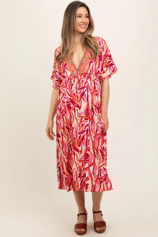 Orange Embroidered V-Neck Short Pom Sleeve Maternity Midi Dress sold by Pinkblush