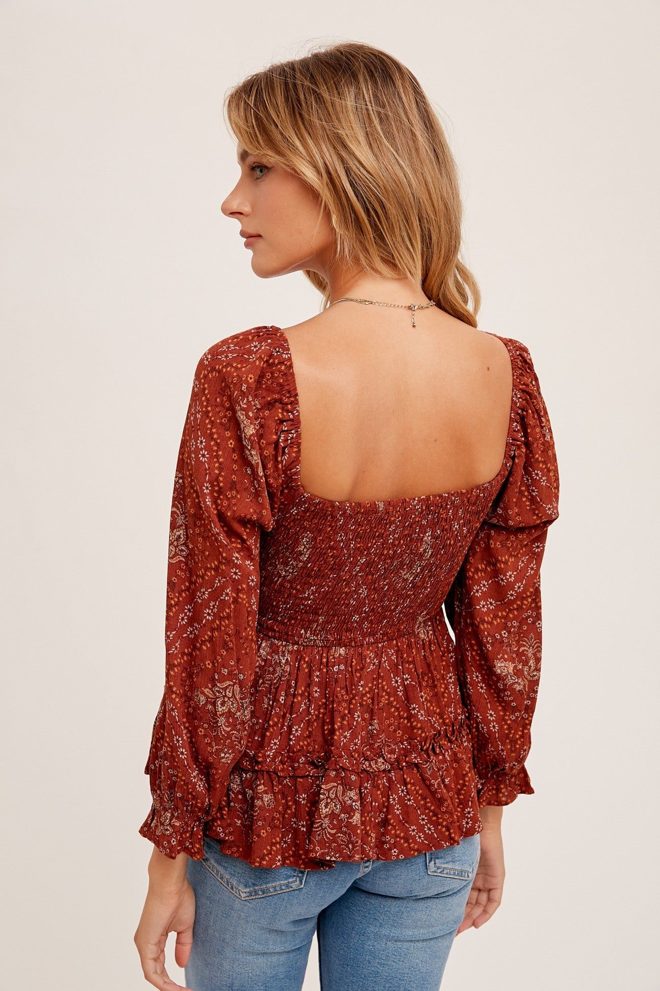 Rust Floral Print Smocked Peplum Square Neck Top sold by Pinkblush product image thumbnail 3