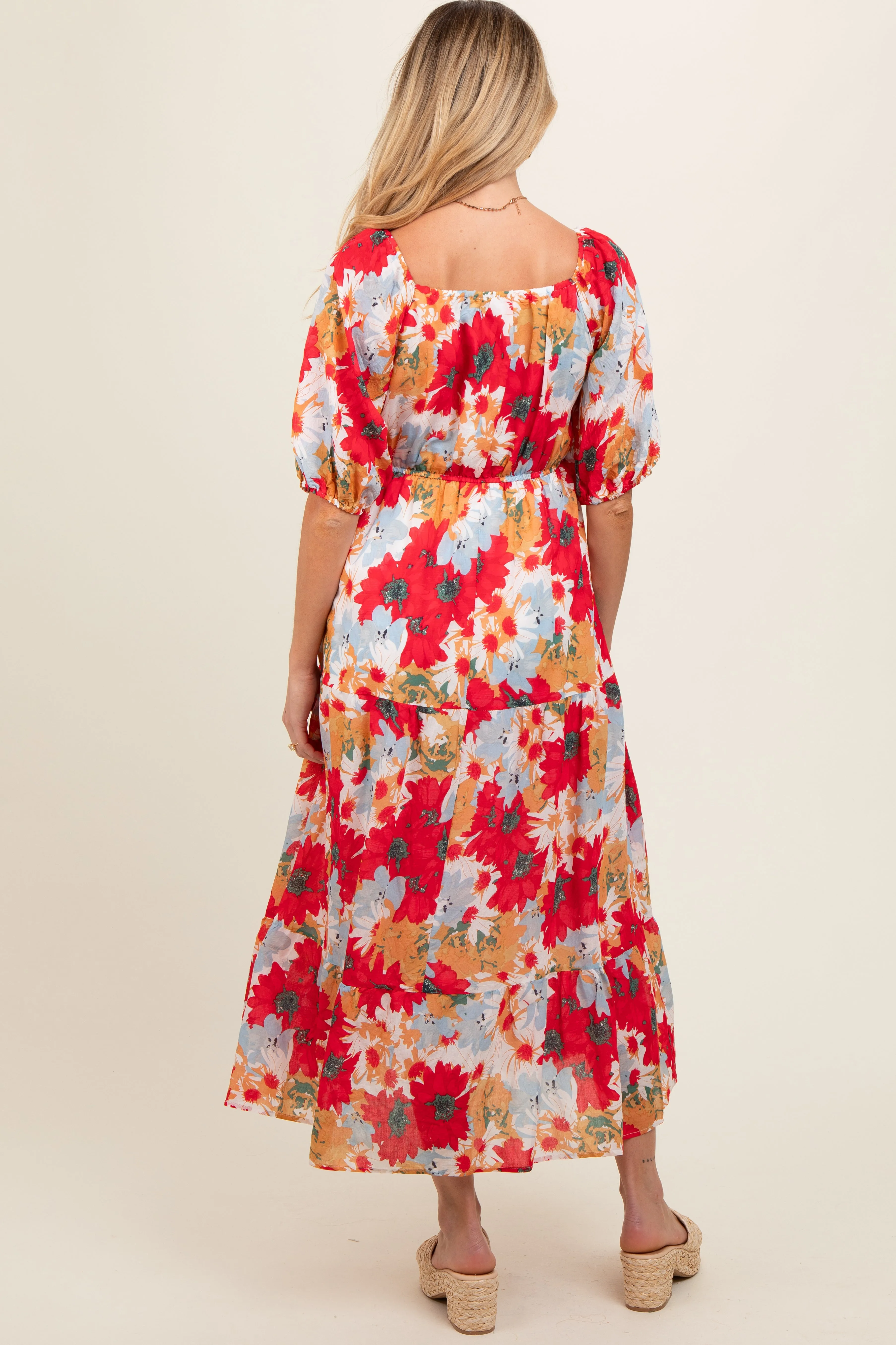 Red Floral V-Neck Short Puff Sleeve Tiered Maternity Midi Dress sold by Pinkblush product image thumbnail 4