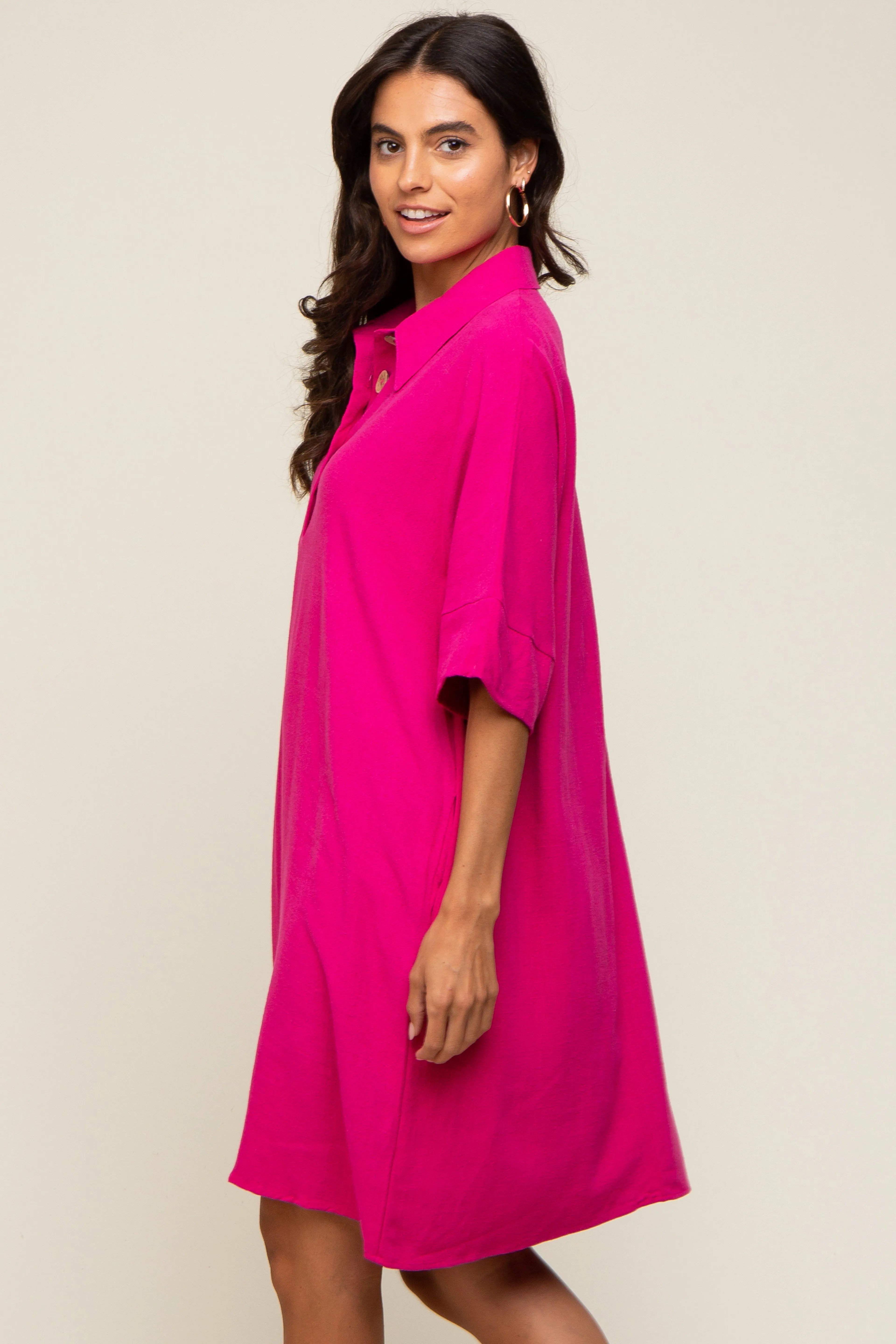 Fuchsia Linen Front Button Collared Dress sold by Pinkblush product image thumbnail 3