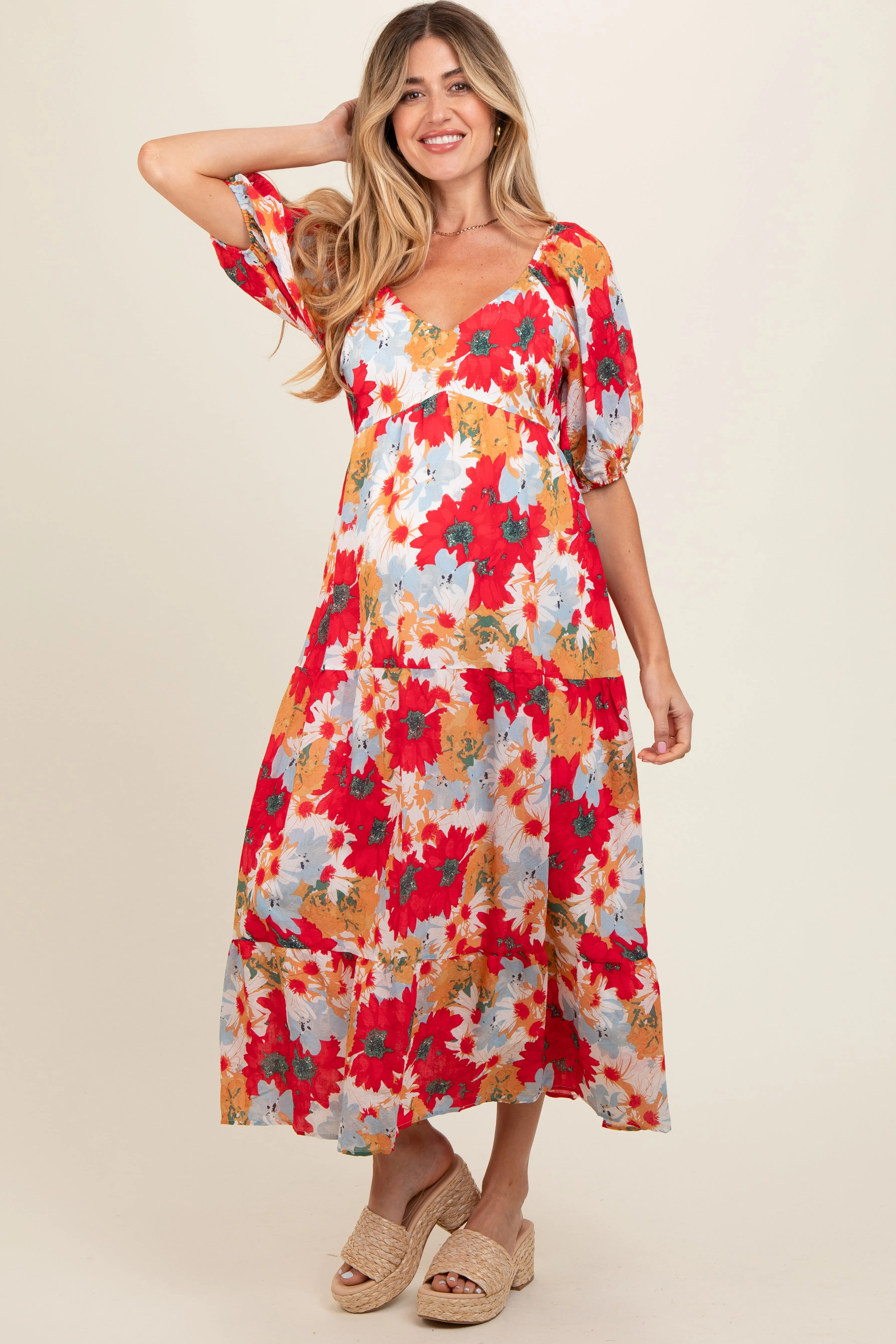 Red Floral V-Neck Short Puff Sleeve Tiered Maternity Midi Dress sold by Pinkblush