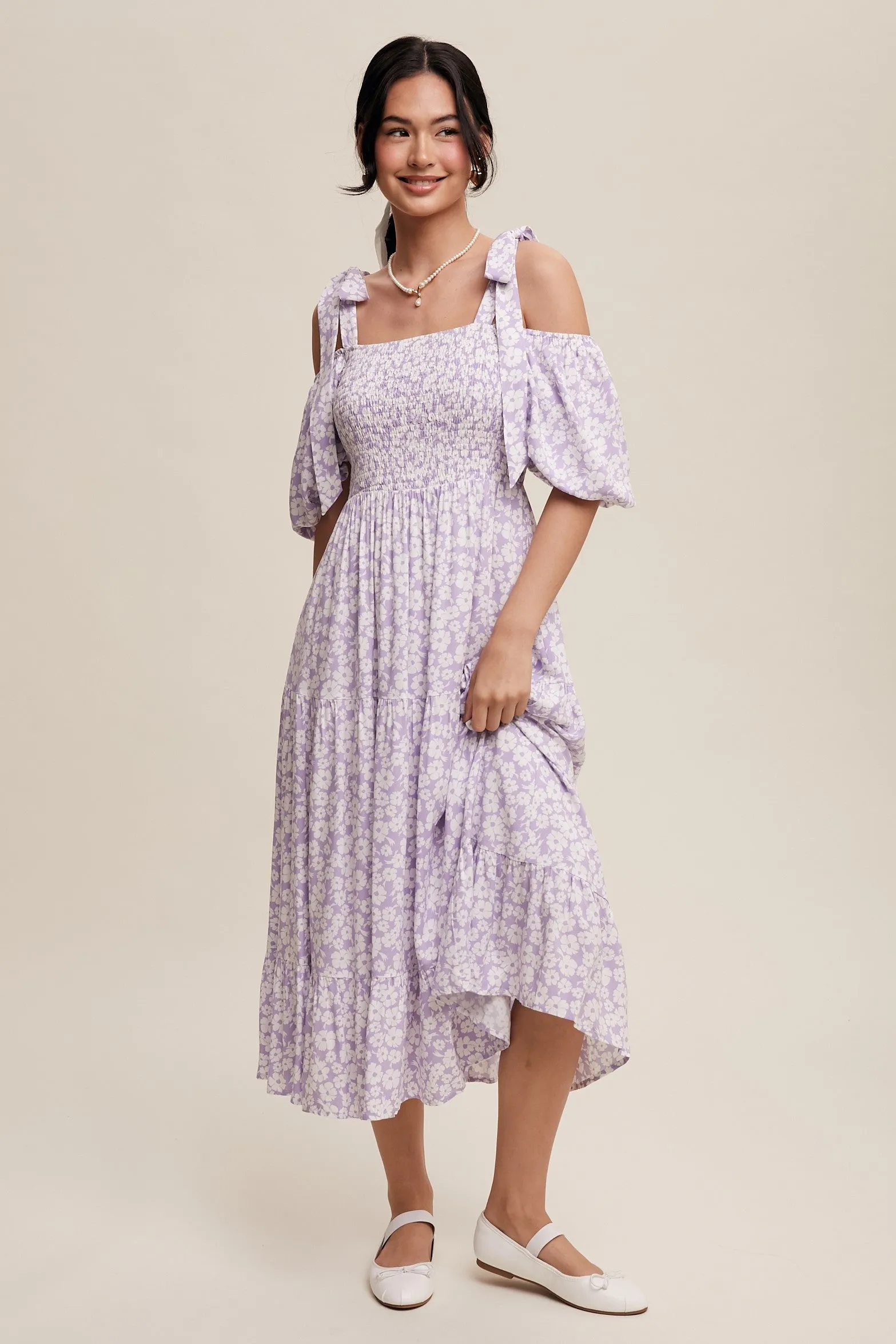 Lavender Floral Off Shoulder Smocked Dress sold by Pinkblush product image thumbnail 2