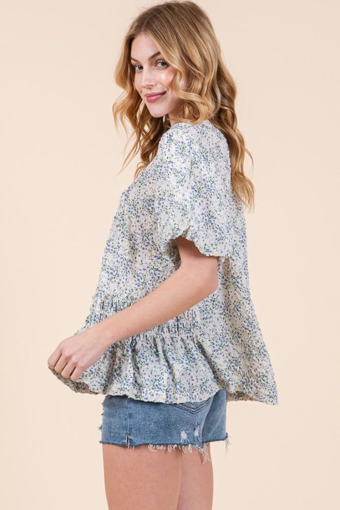 Ivory Floral Smocked Detail Bubble Sleeve Blouse sold by Pinkblush product image thumbnail 3