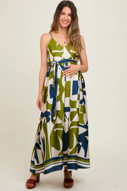 Navy Abstract Print Satin Waist Tie Maternity Dress sold by Pinkblush