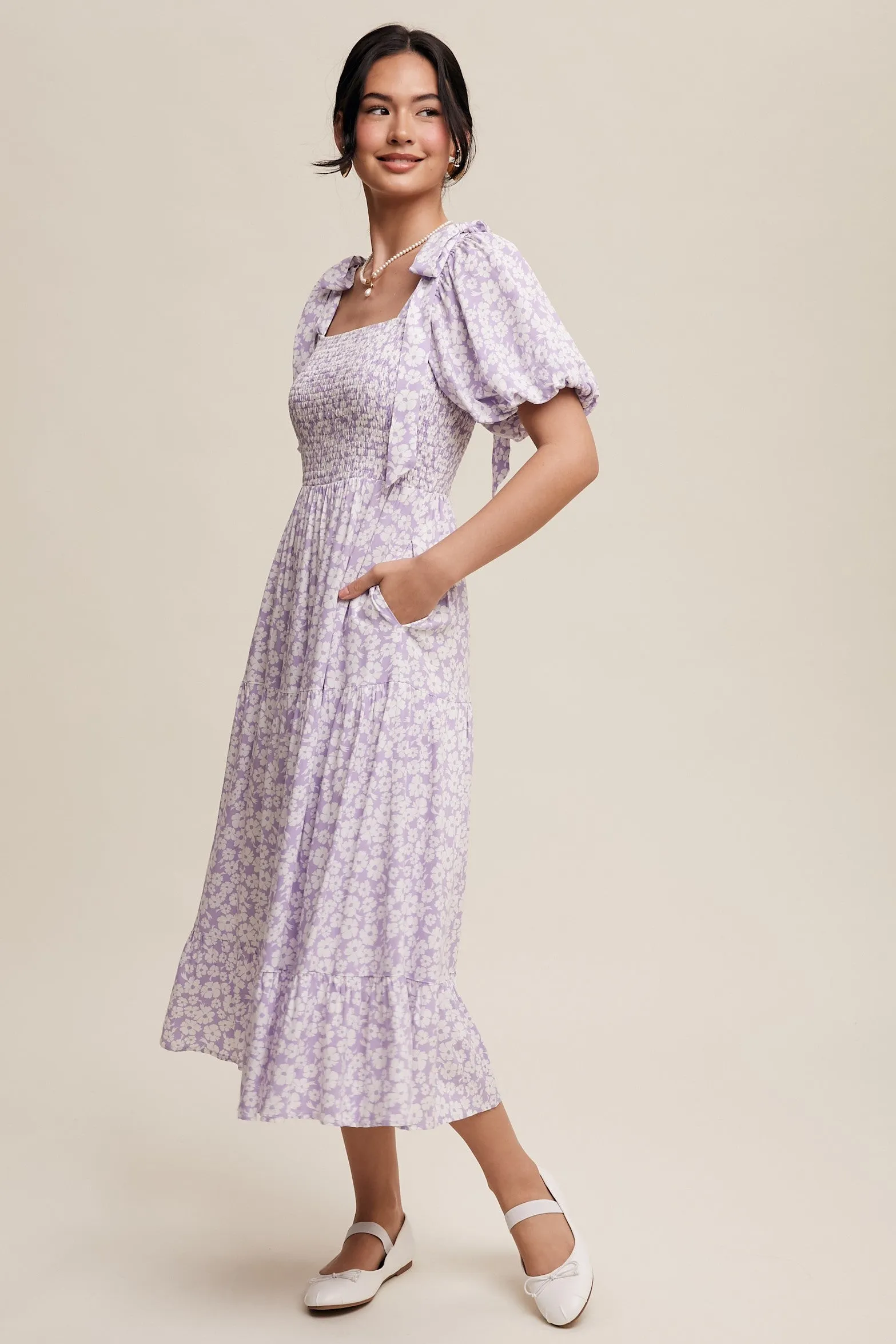 Lavender Floral Off Shoulder Smocked Dress sold by Pinkblush product image thumbnail 3
