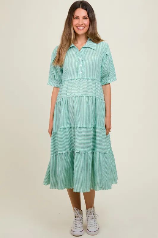 Jade Striped Tiered Raw Hem Maternity Midi Dress sold by Pinkblush