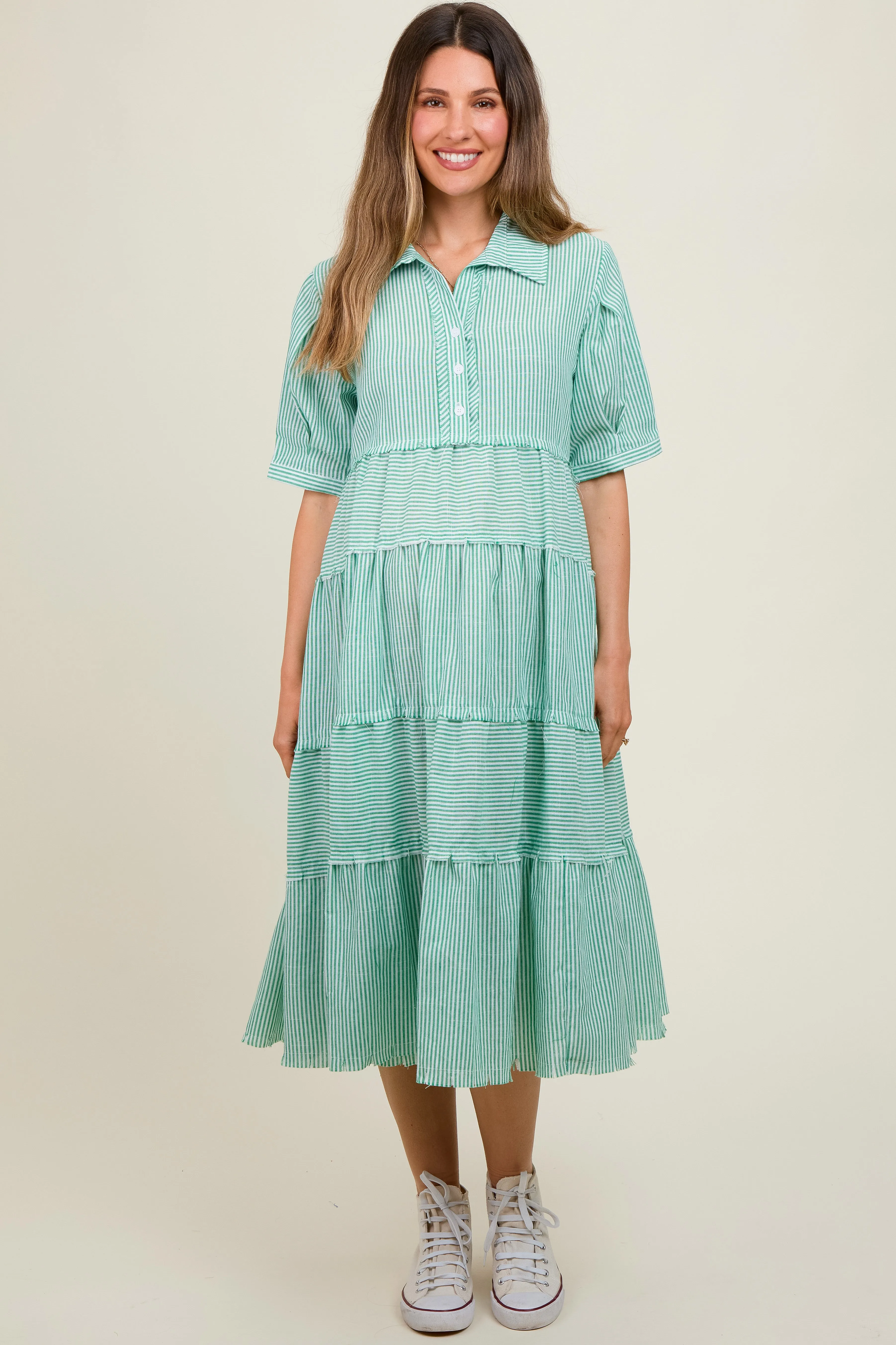 Jade Striped Tiered Raw Hem Maternity Midi Dress sold by Pinkblush