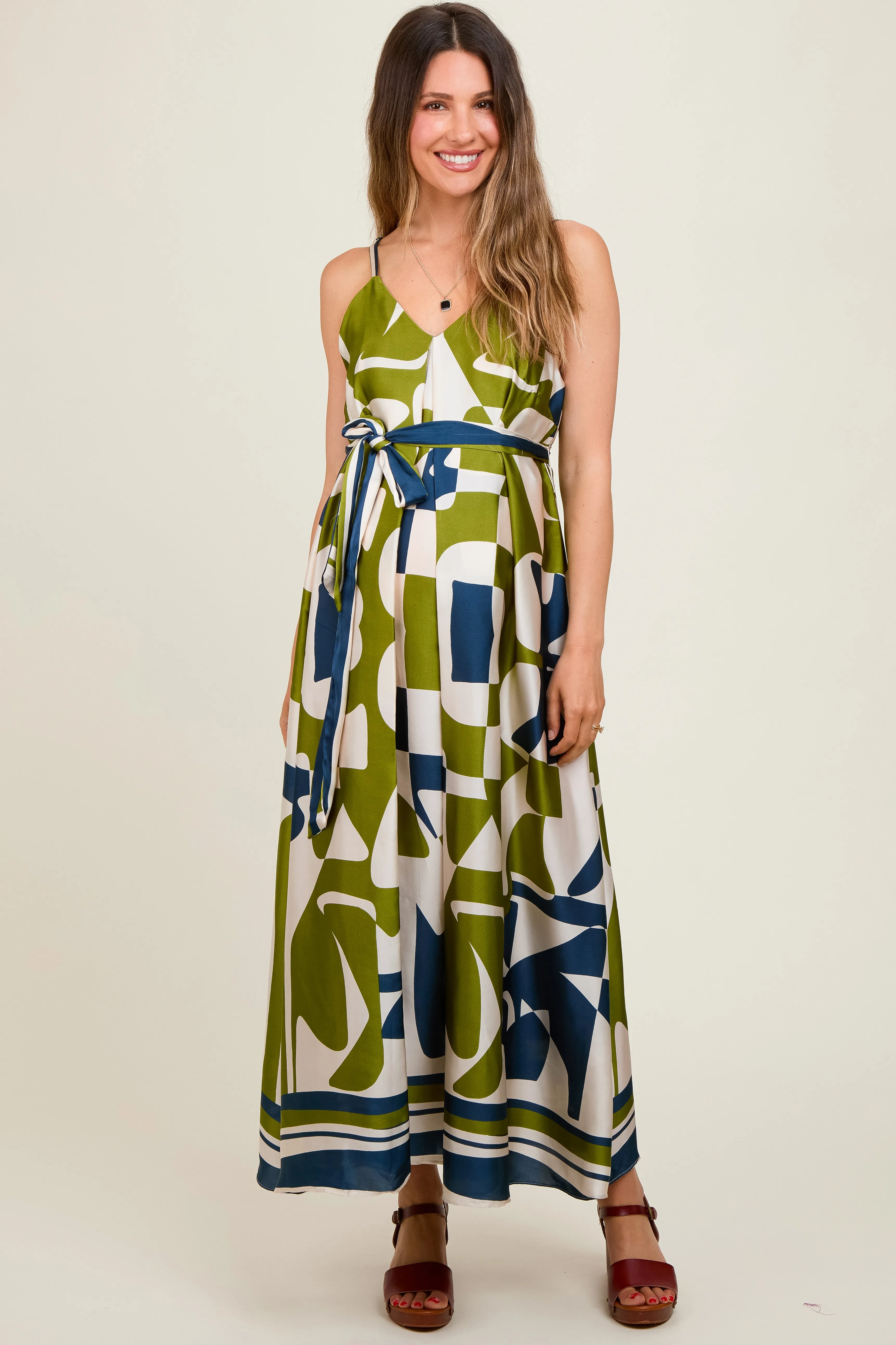 Navy Abstract Print Satin Waist Tie Maternity Dress sold by Pinkblush product image thumbnail 2