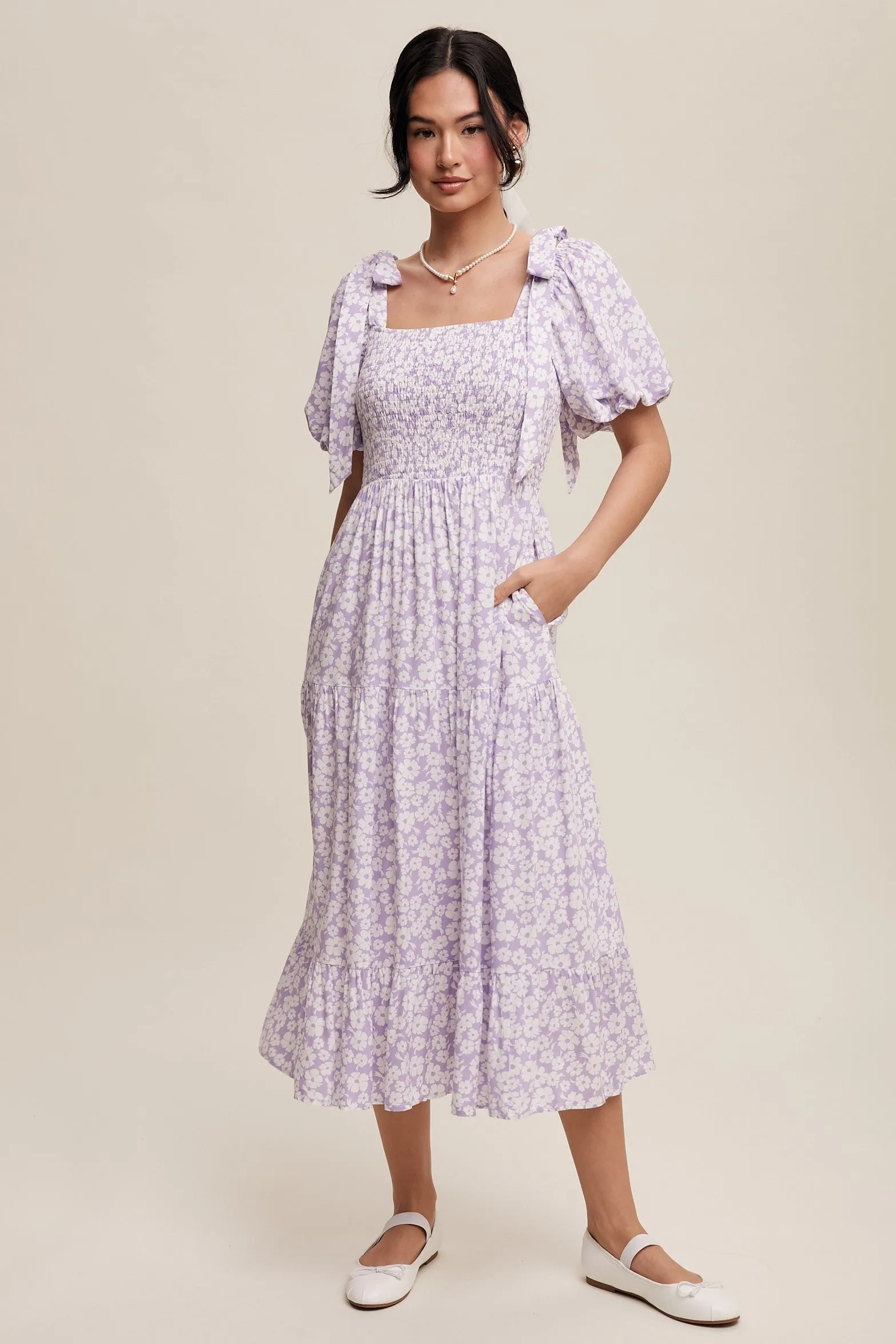 Lavender Floral Off Shoulder Smocked Dress sold by Pinkblush