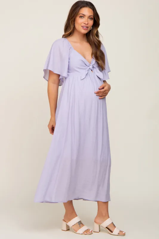 Lavender Front Tie Ruffle Sleeve Maternity Midi Dress sold by Pinkblush