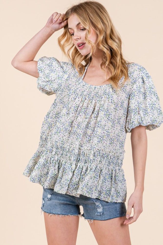 Ivory Floral Smocked Detail Bubble Sleeve Blouse sold by Pinkblush product image thumbnail 2