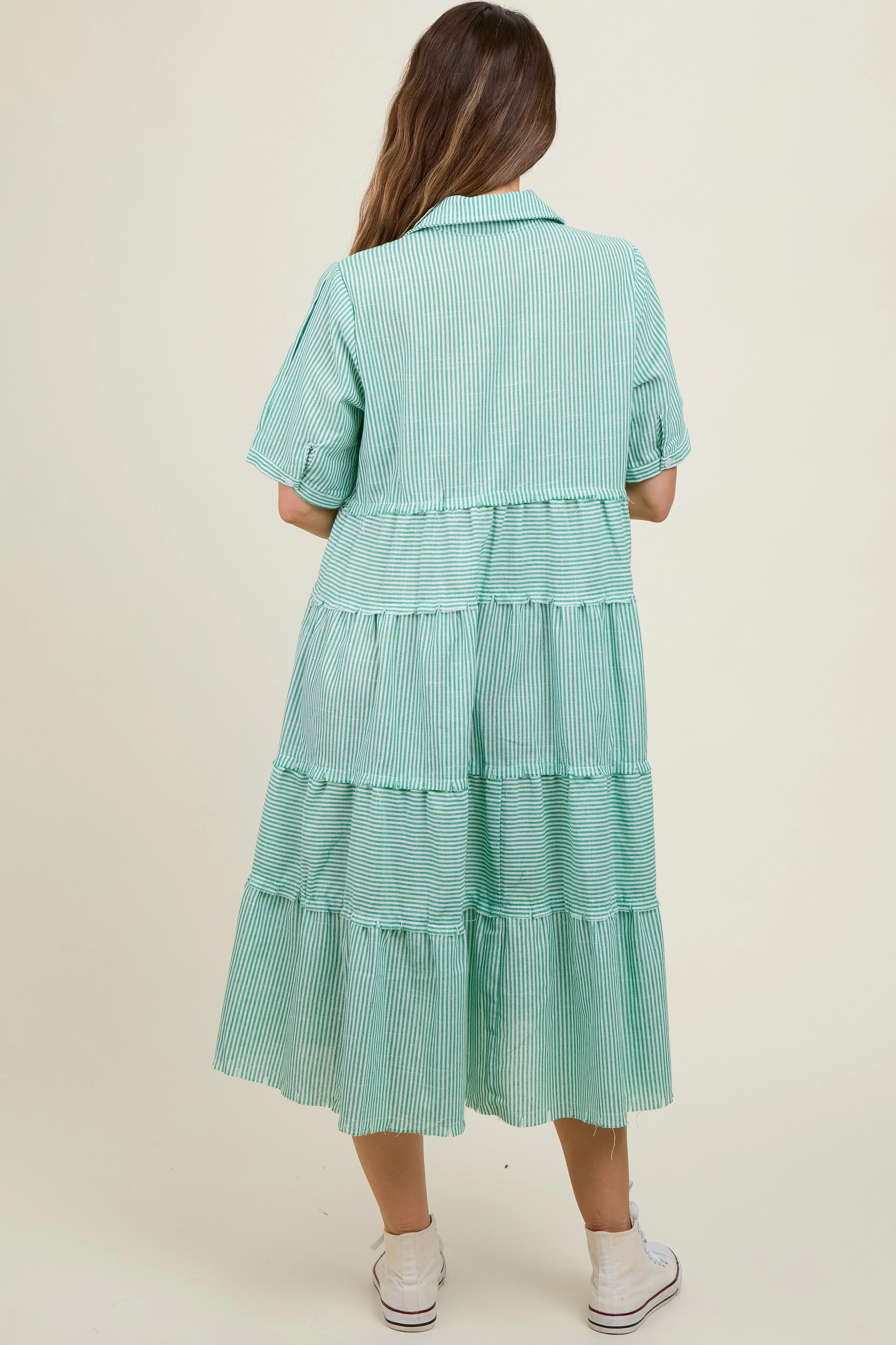 Jade Striped Tiered Raw Hem Maternity Midi Dress sold by Pinkblush product image thumbnail 2