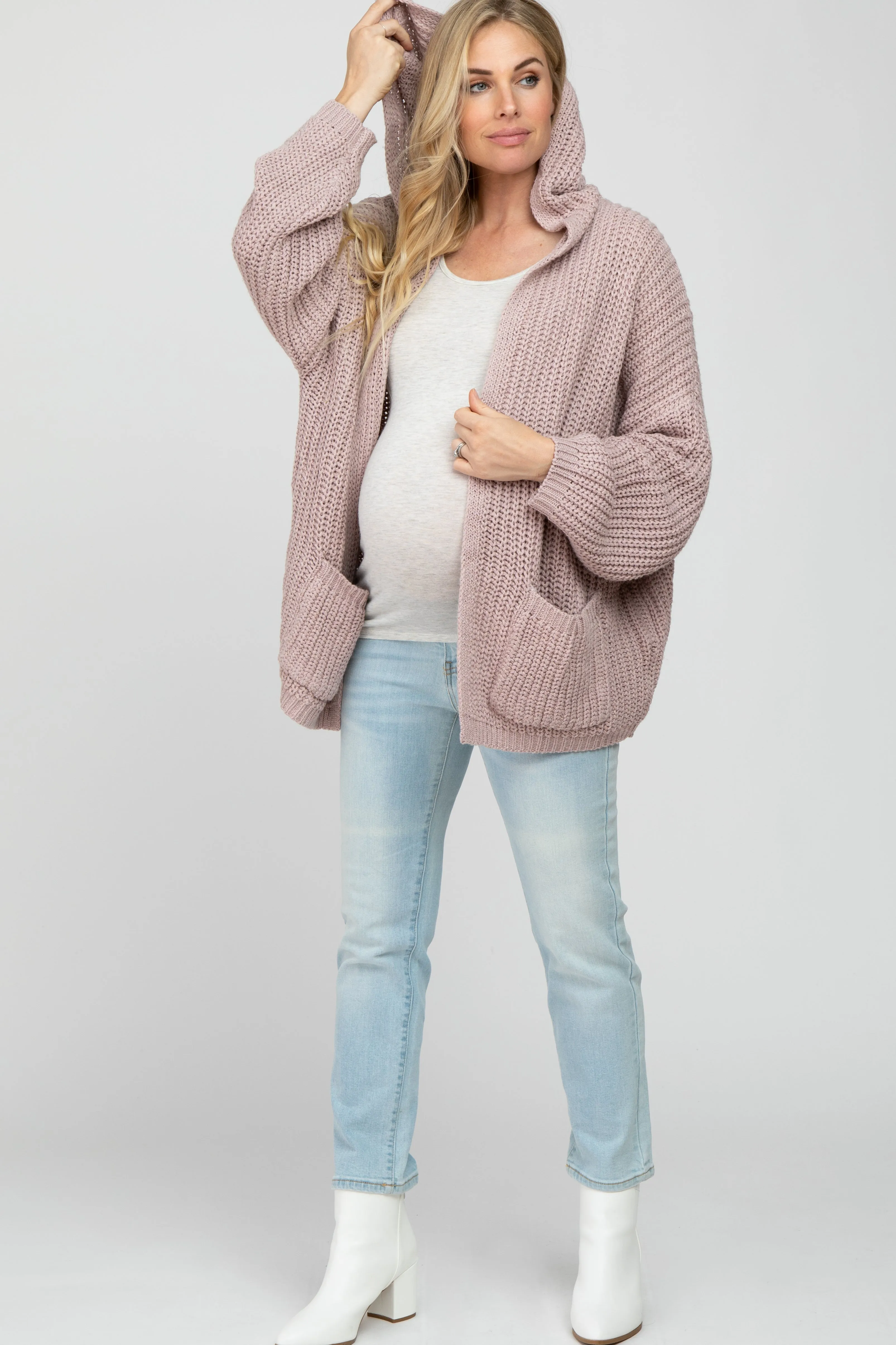 Mauve Cable Knit Hooded Maternity Cardigan sold by Pinkblush