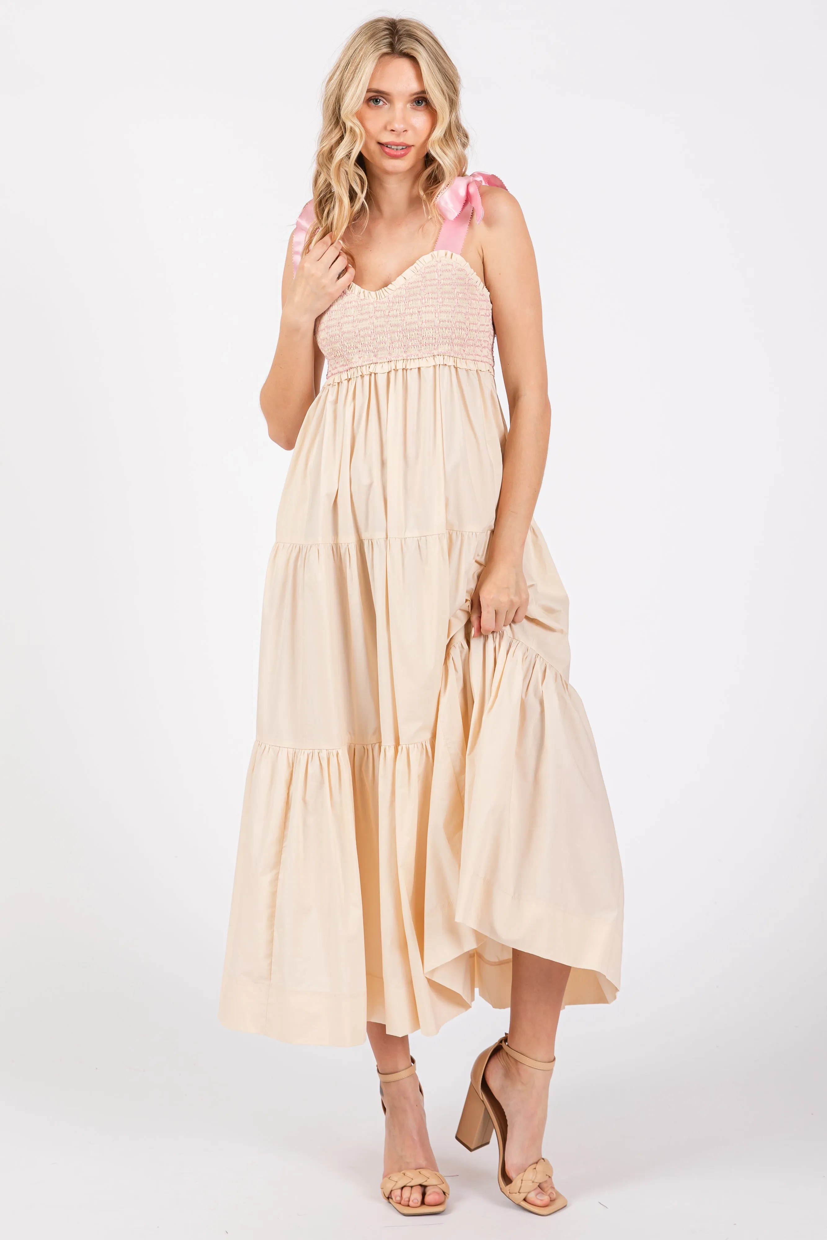 Cream Ribbon Strap Tiered Maxi Dress sold by Pinkblush product image thumbnail 4