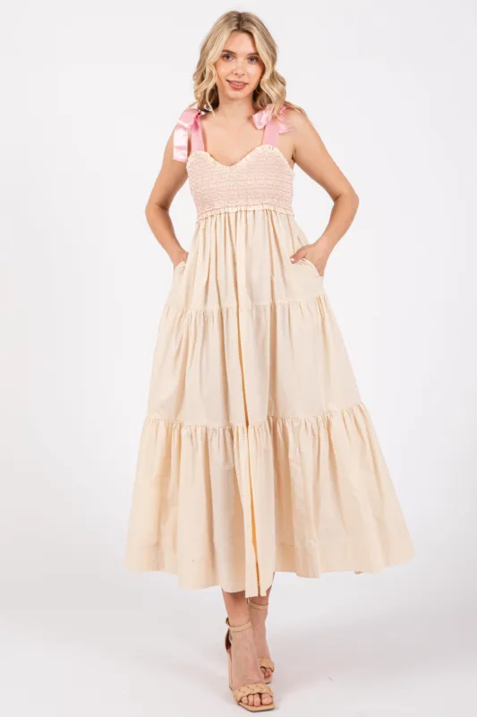 Cream Ribbon Strap Tiered Maxi Dress sold by Pinkblush