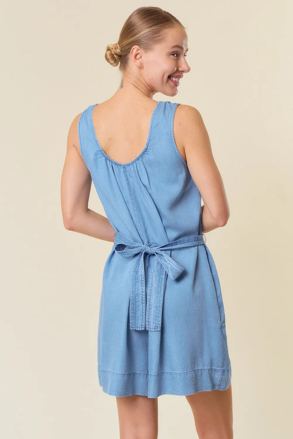 Light Denim Sleeveless Romper W/ Tie Belt sold by Pinkblush product image thumbnail 3