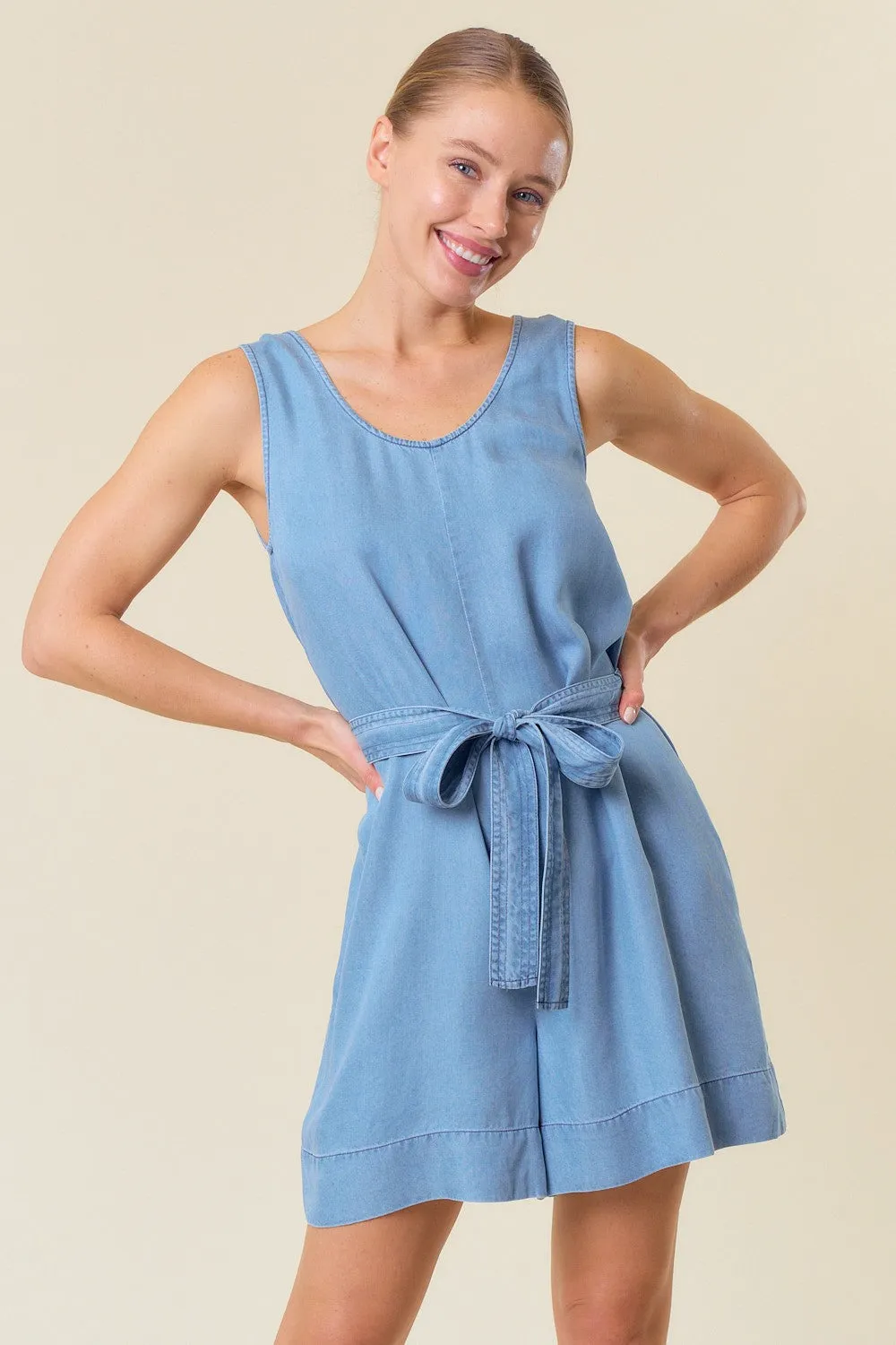 Light Denim Sleeveless Romper W/ Tie Belt sold by Pinkblush
