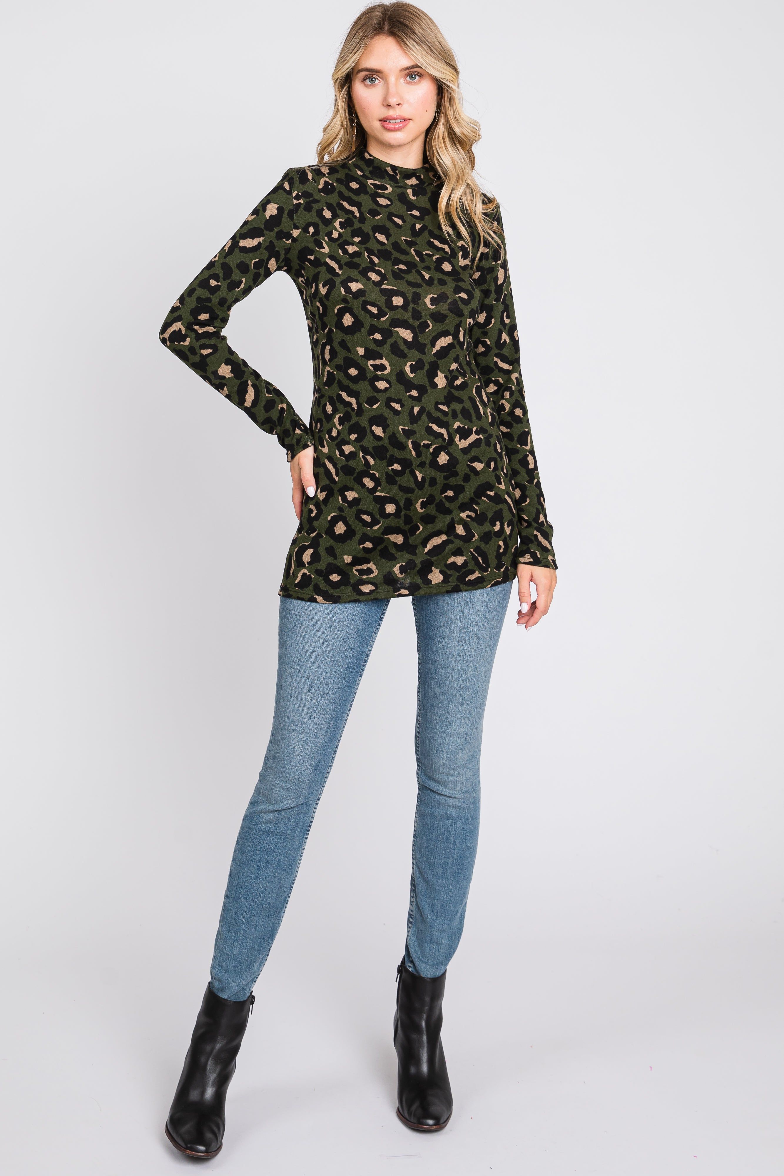 Olive Animal Print Mock Neck Top sold by Pinkblush