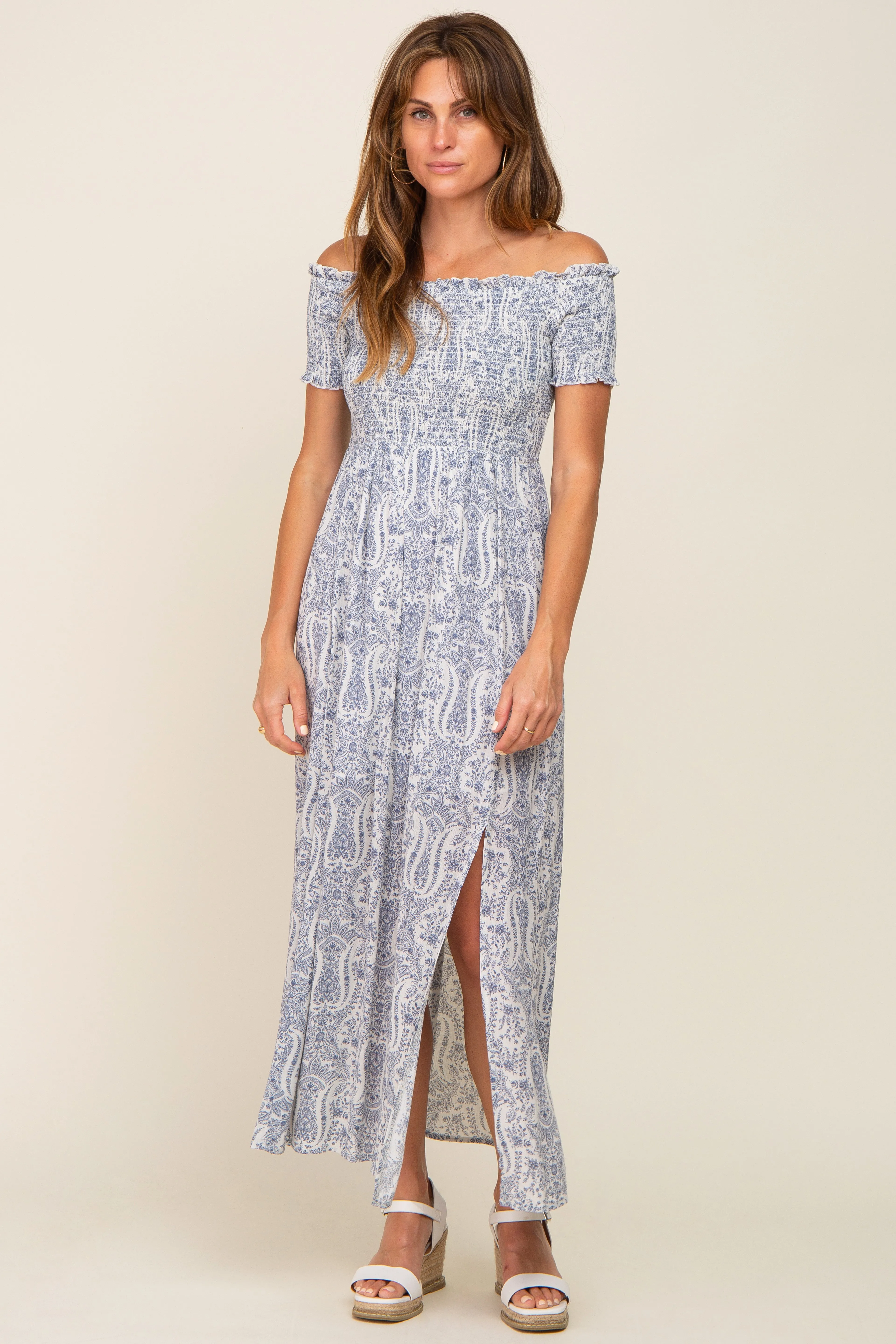 Light Blue Floral Off Shoulder Smocked Maxi Dress sold by Pinkblush product image thumbnail 5