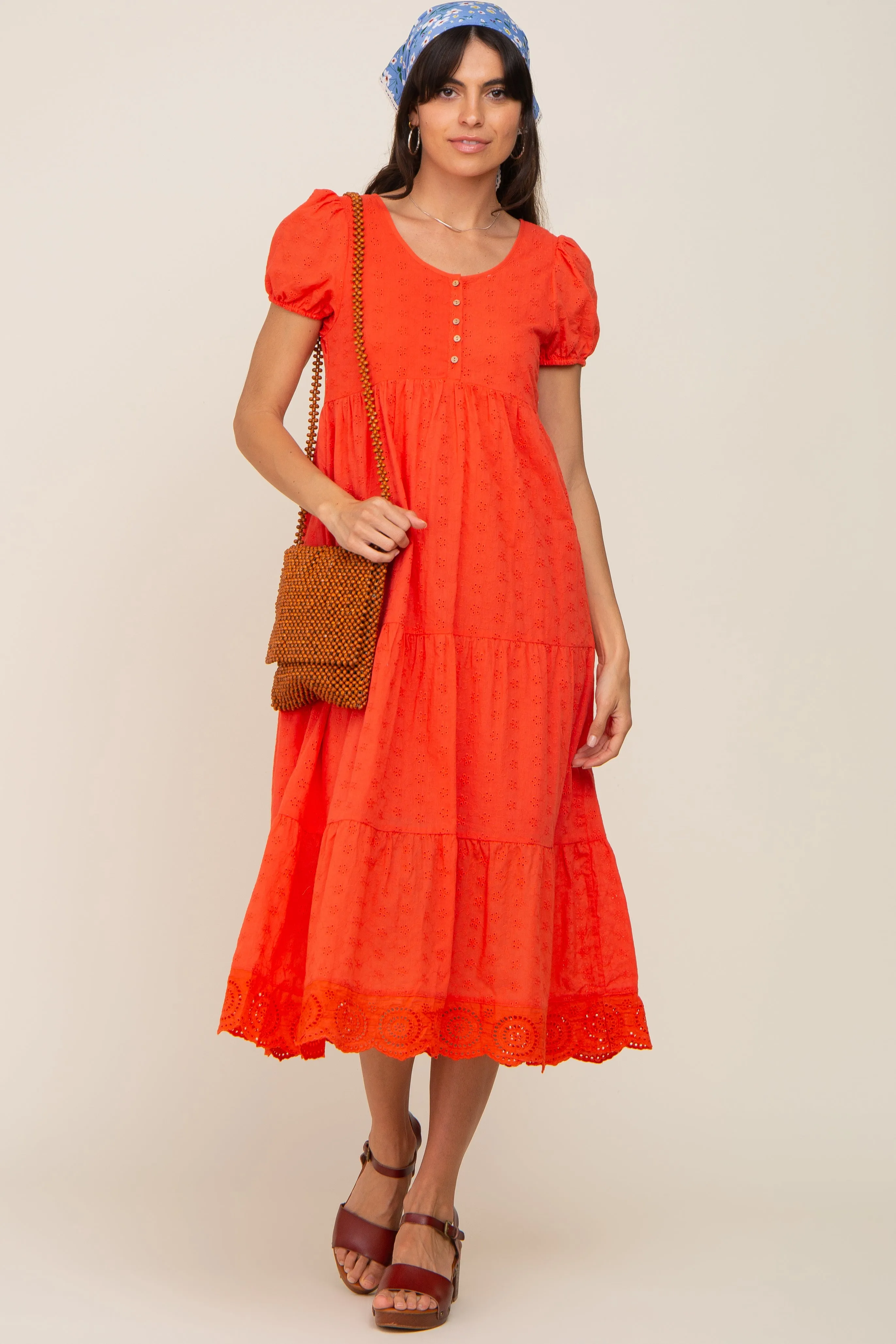 Coral Eyelet Button Front Tiered Scalloped Hem Midi Dress sold by Pinkblush product image thumbnail 4