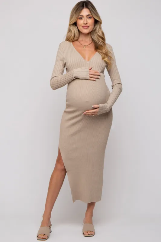 Beige Ribbed Fitted Long Sleeve Maternity Maxi Dress sold by Pinkblush