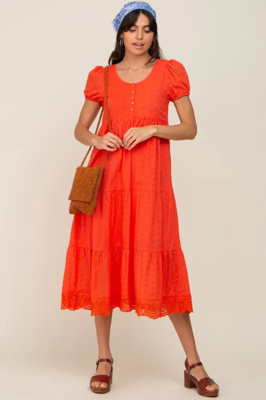 Coral Eyelet Button Front Tiered Scalloped Hem Midi Dress sold by Pinkblush