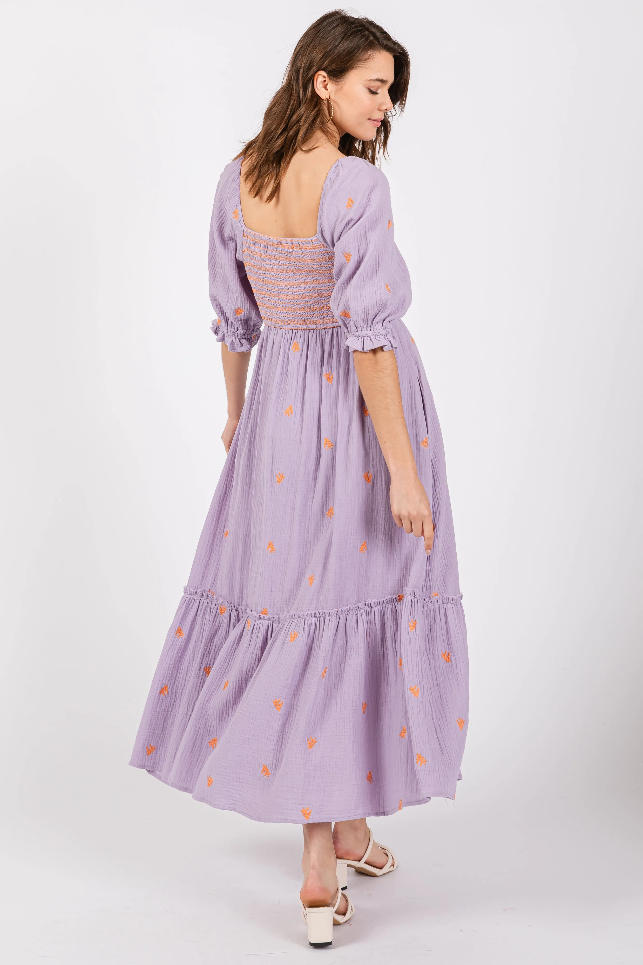 Lavender Gauze Smocked Embroidered Square Neck Midi Dress sold by Pinkblush product image thumbnail 3