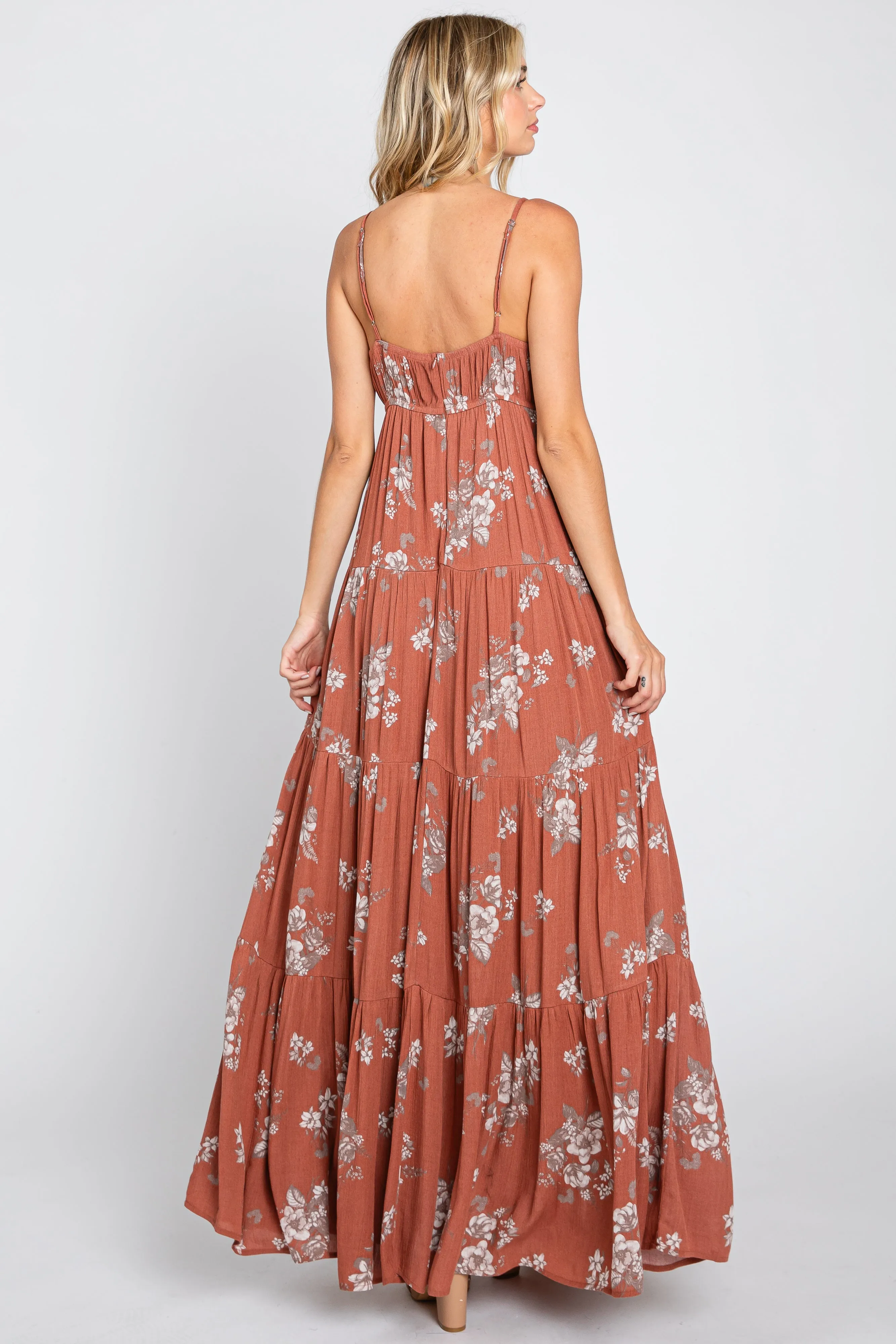 Rust Floral Square Neck Tiered Maxi Dress sold by Pinkblush product image thumbnail 3