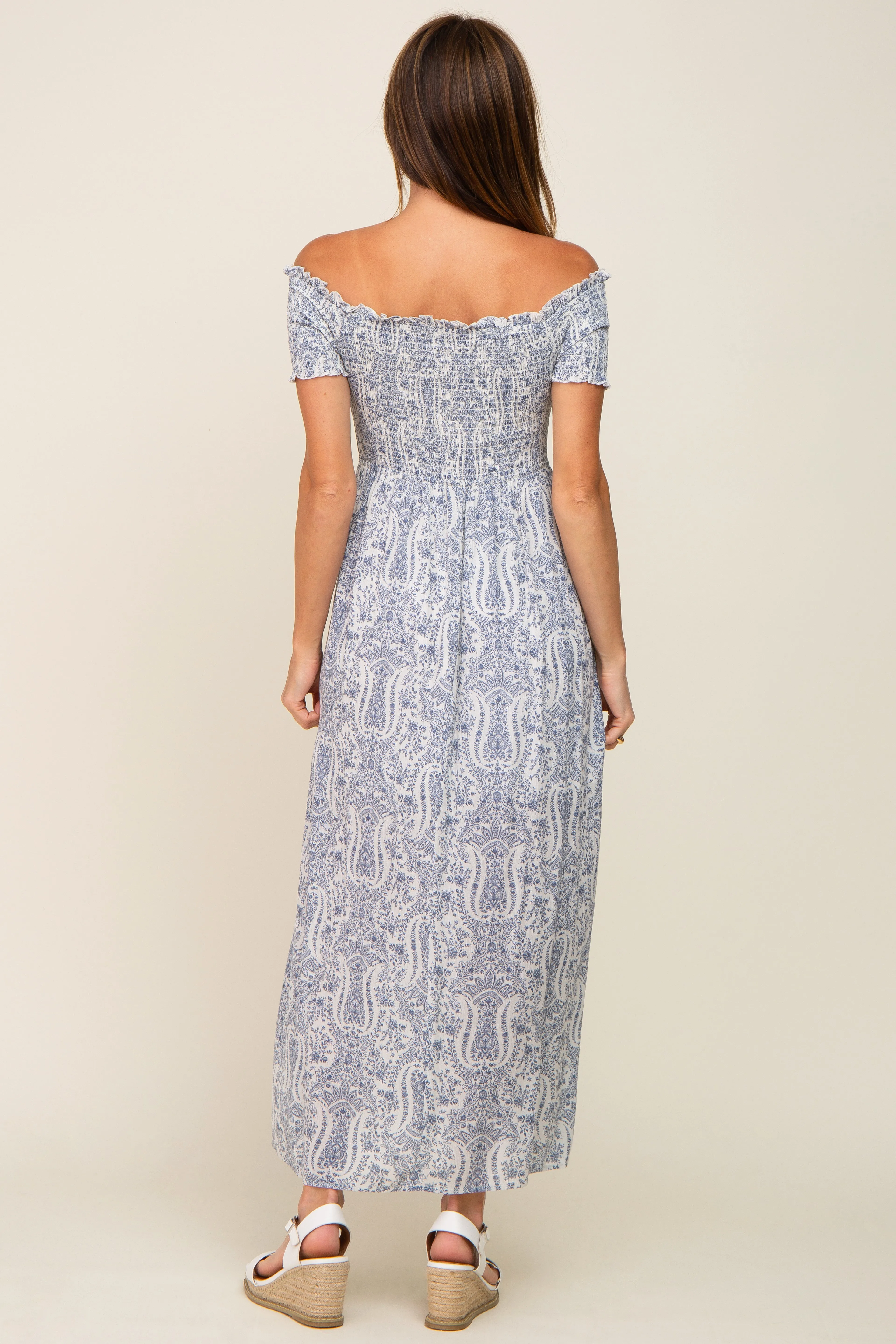 Light Blue Floral Off Shoulder Smocked Maxi Dress sold by Pinkblush product image thumbnail 3