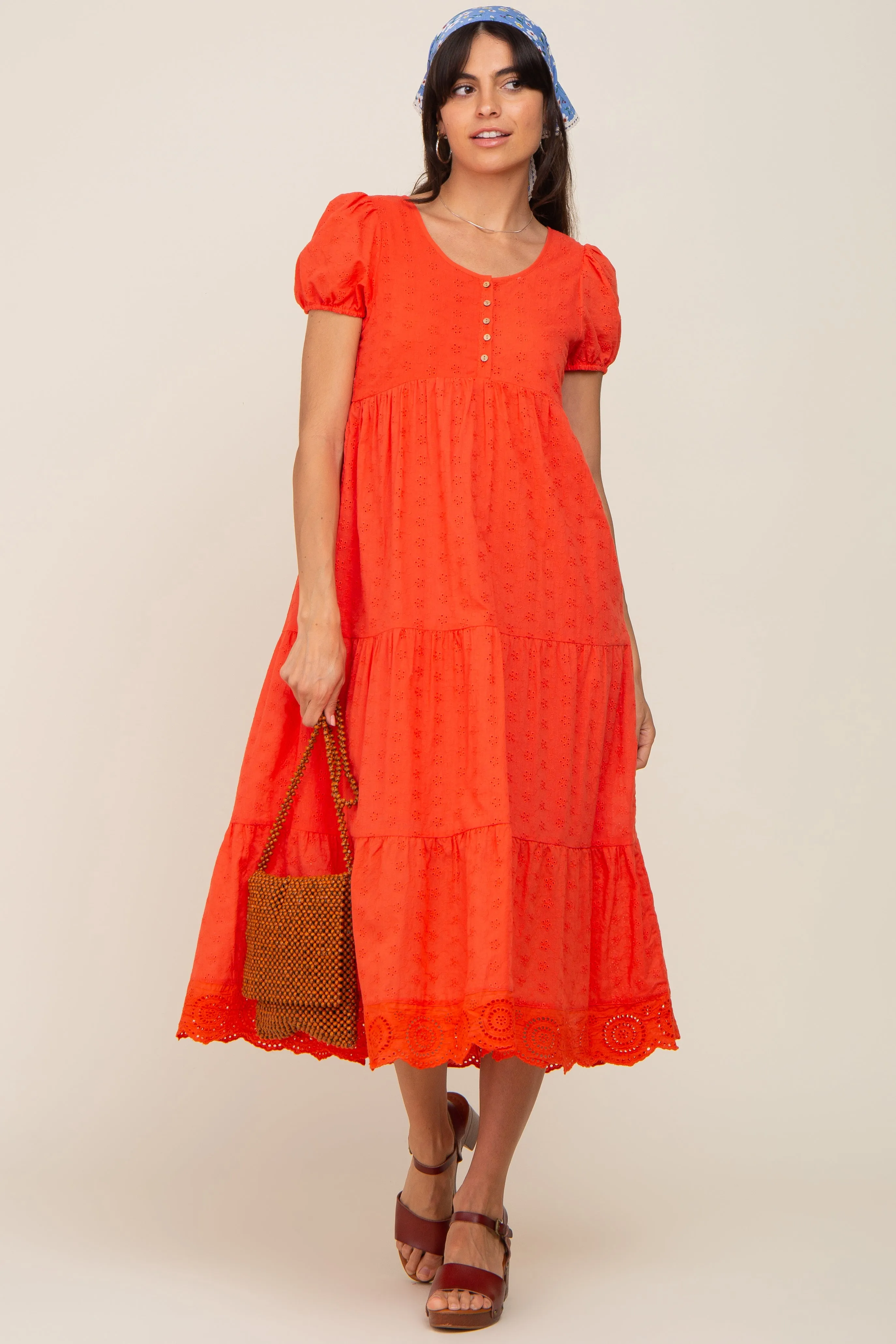 Coral Eyelet Button Front Tiered Scalloped Hem Midi Dress sold by Pinkblush product image thumbnail 5