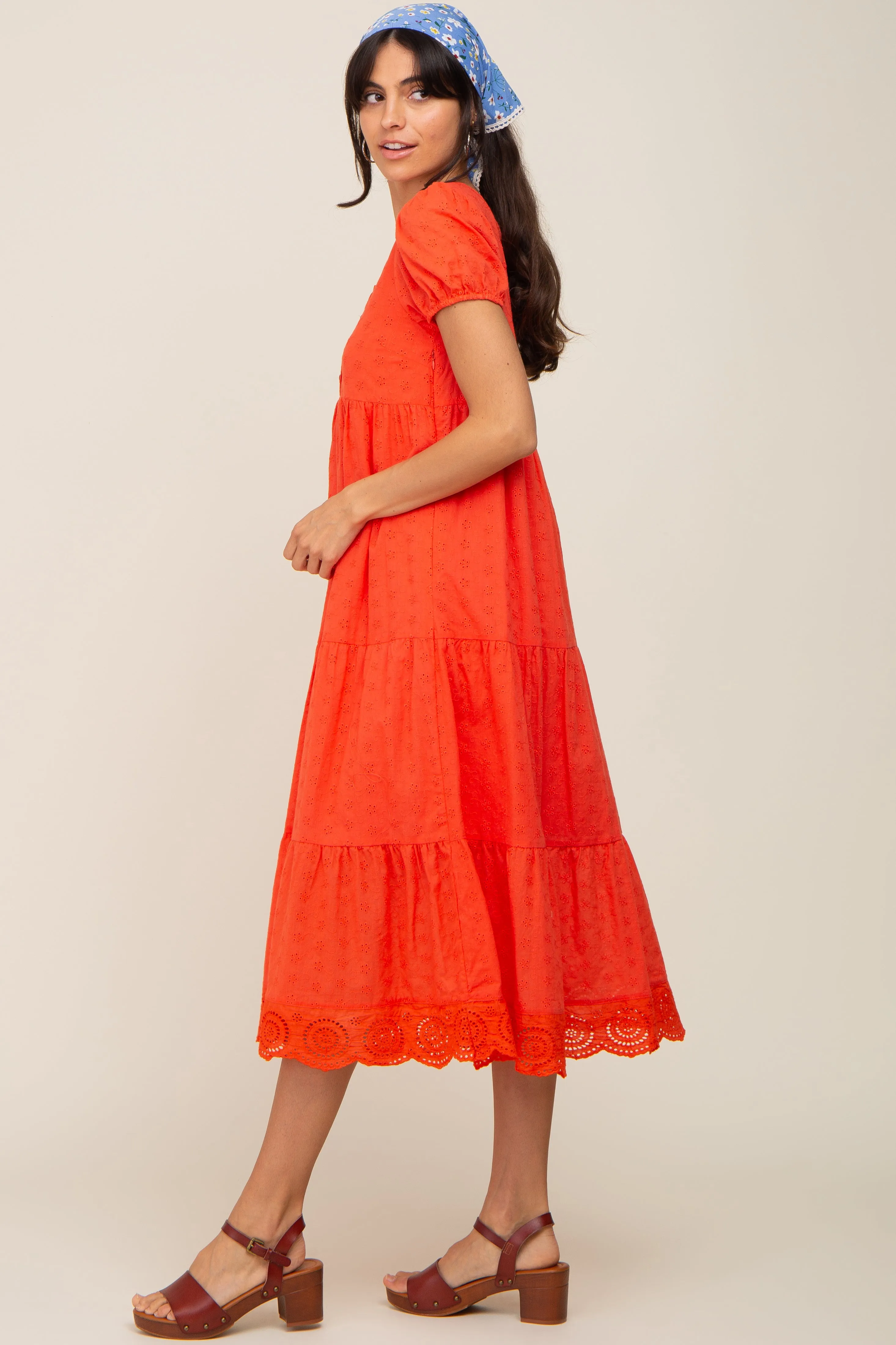 Coral Eyelet Button Front Tiered Scalloped Hem Midi Dress sold by Pinkblush product image thumbnail 2