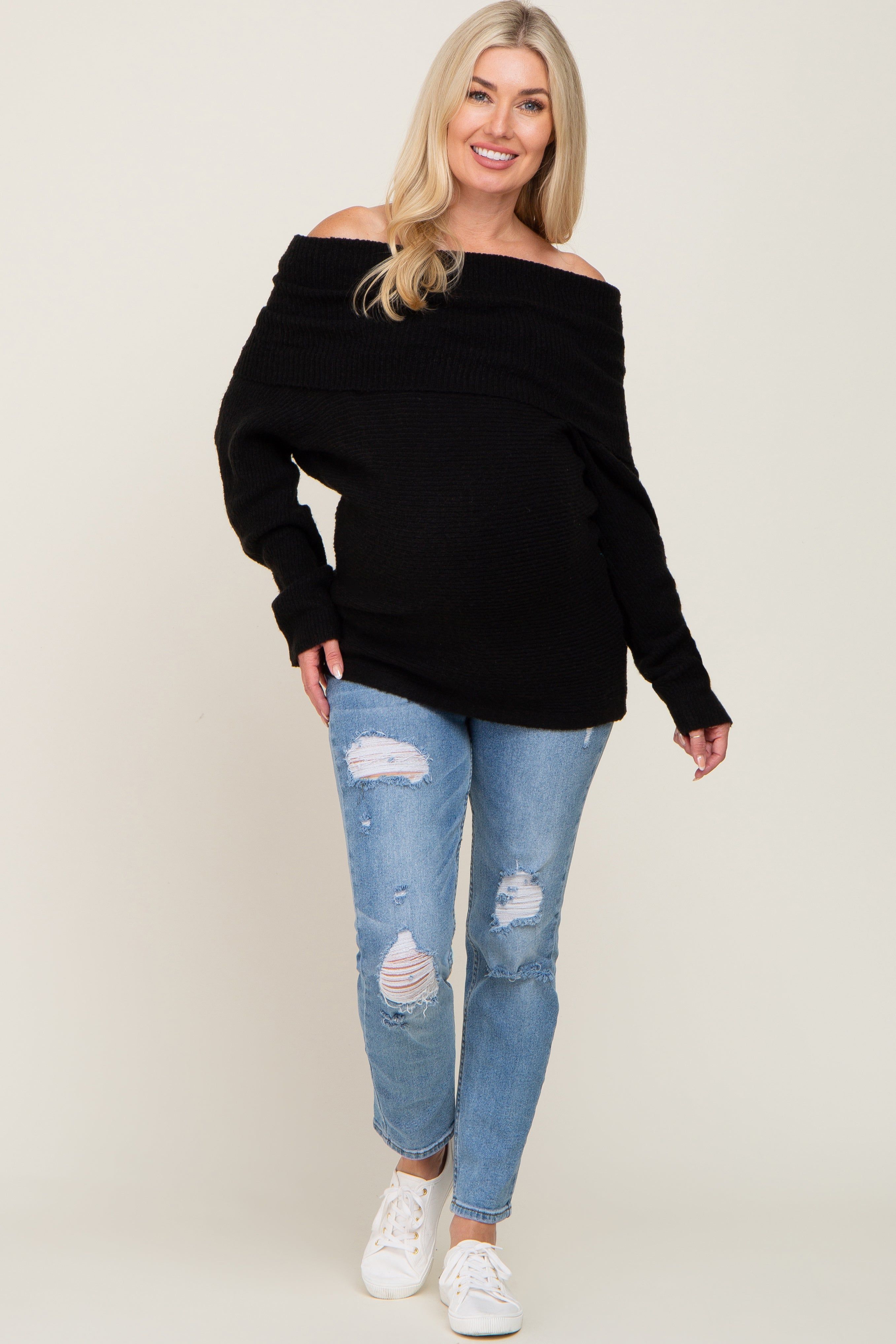 Black Off Shoulder Dolman Sleeve Knit Maternity Top sold by Pinkblush product image thumbnail 4