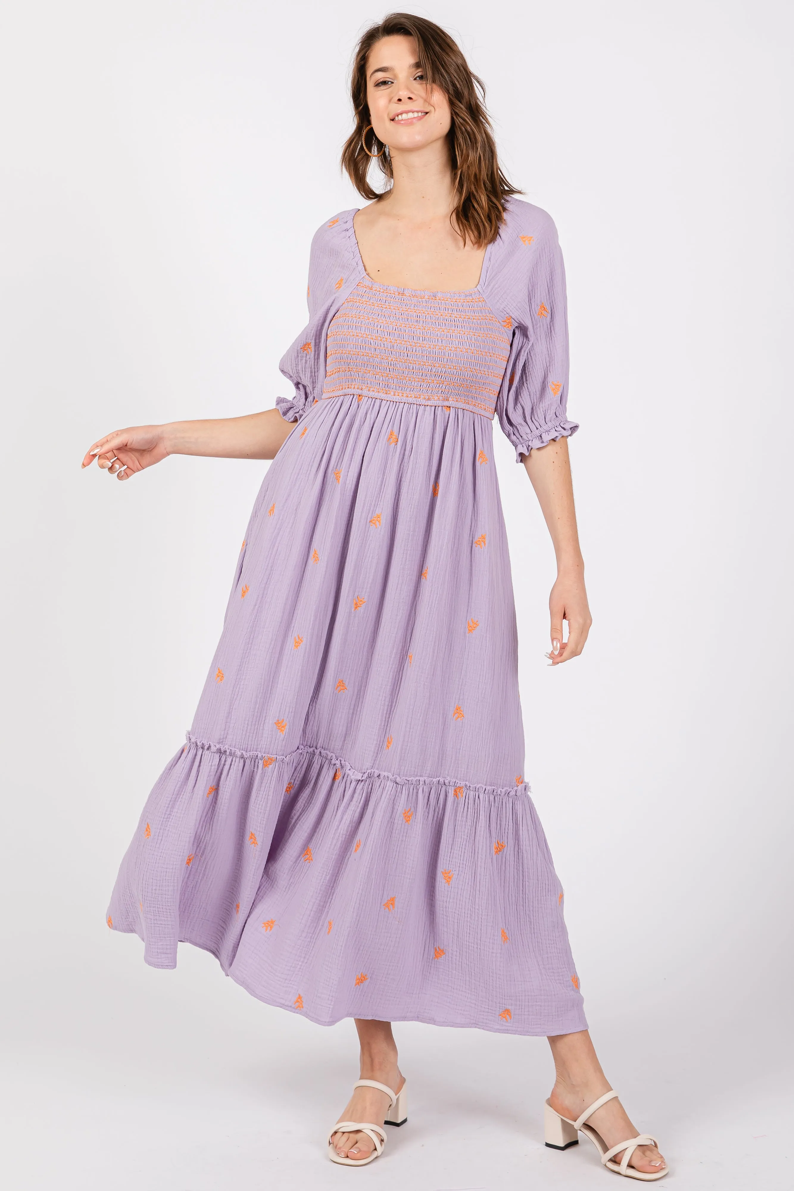 Lavender Gauze Smocked Embroidered Square Neck Midi Dress sold by Pinkblush