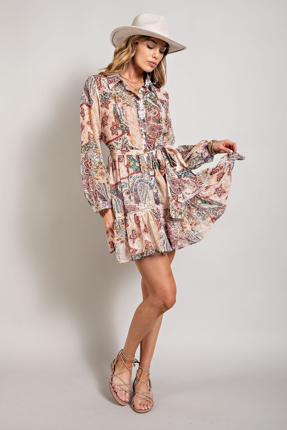 Beige Multi Flower Print Long Sleeve Shirt Dress sold by Pinkblush product image thumbnail 4